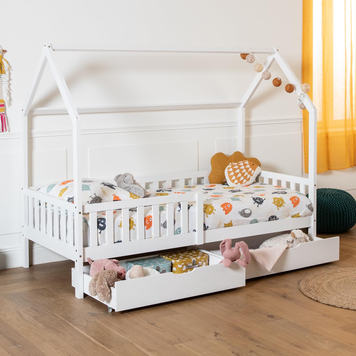 Happy Garden Juego de 2 cajones Blancos para Guardar bajo la Cama, Caja de Madera con Ruedas para Guardar bajo el somier