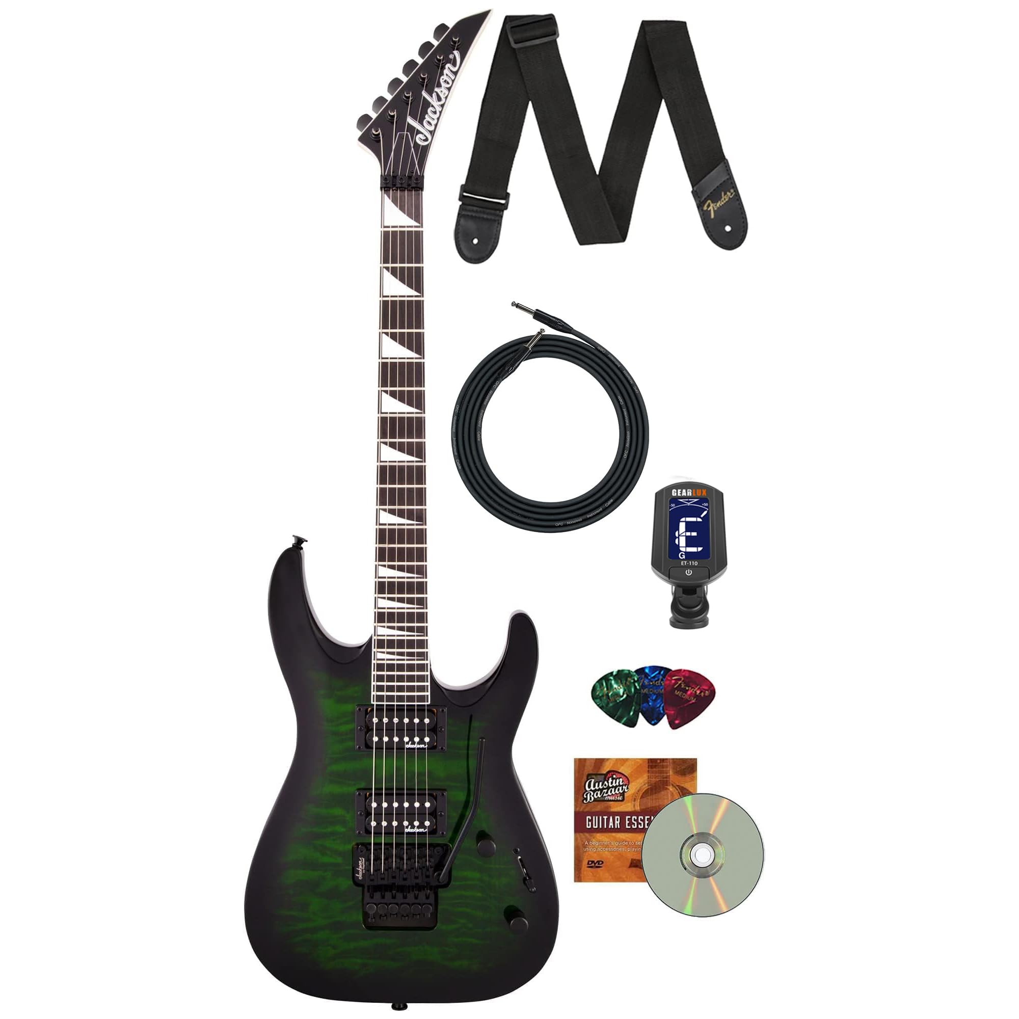 Jackson Dinky Arch Top JS32Q DKA Electric Guitar - Transparent Green Burst Bundle with Cable, Tuner, Strap, Picks and Austin Bazaar Instructional DVD