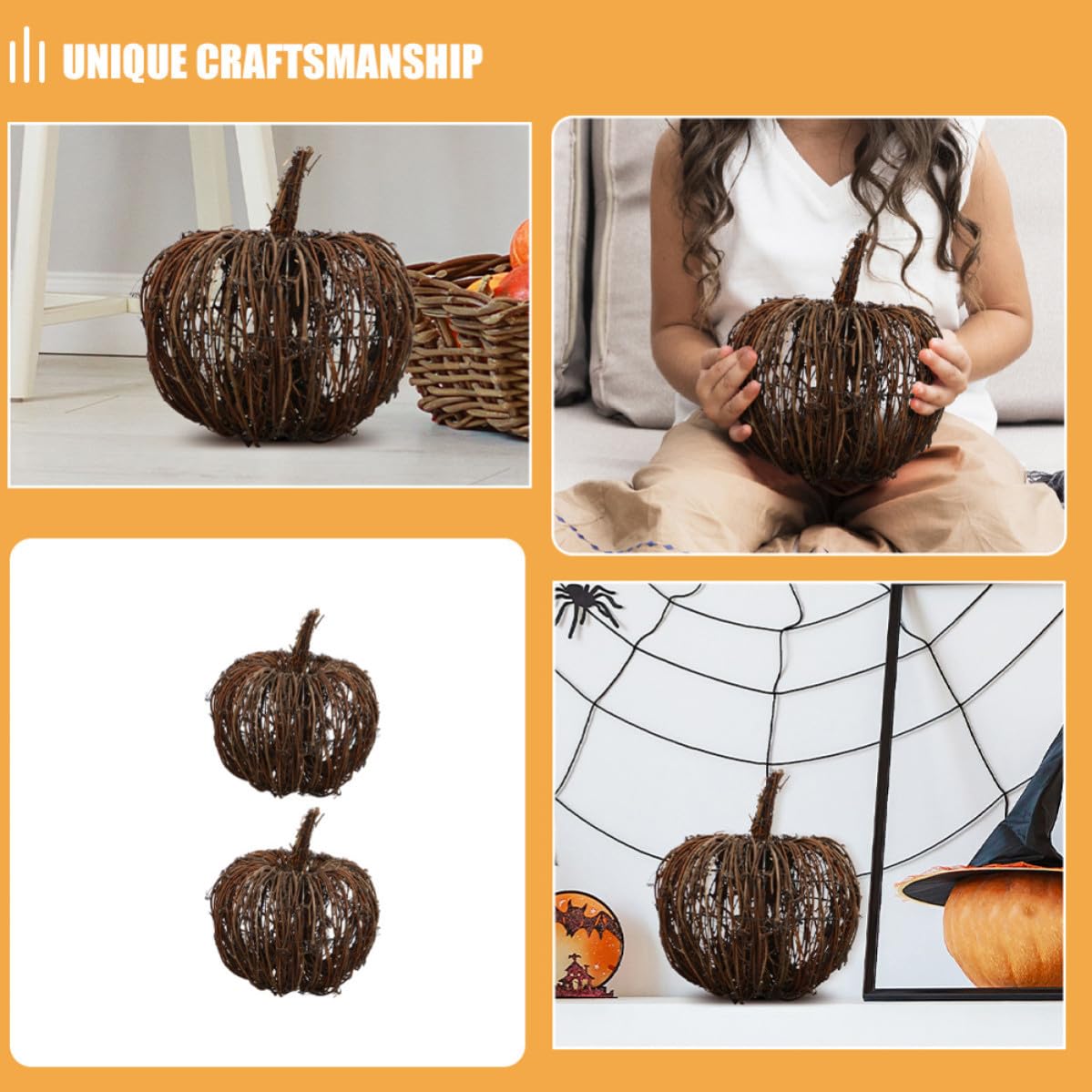 DOITOOL 2 Piezas Calabaza de Ratán Reutilizable Diseño Clásico para Adorno de Halloween y Patios al Aire Libre en Temporada de Caída