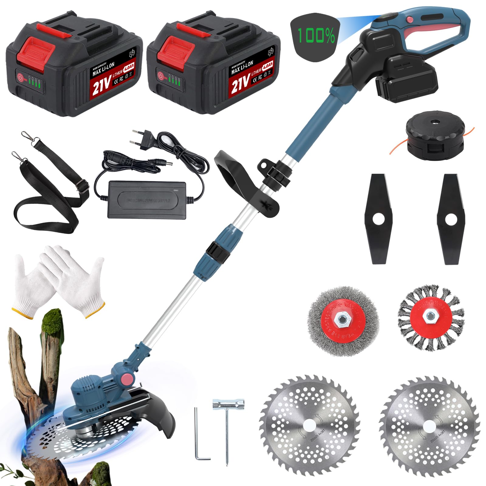 Desbrozadora de batería para baterías Makita, 5 en 1 con batería y cepillo para malas hierbas, batería de desbrozadora de 21 V, con 2 baterías de 4,0 Ah y cargador, motor sin escobillas de 750 W