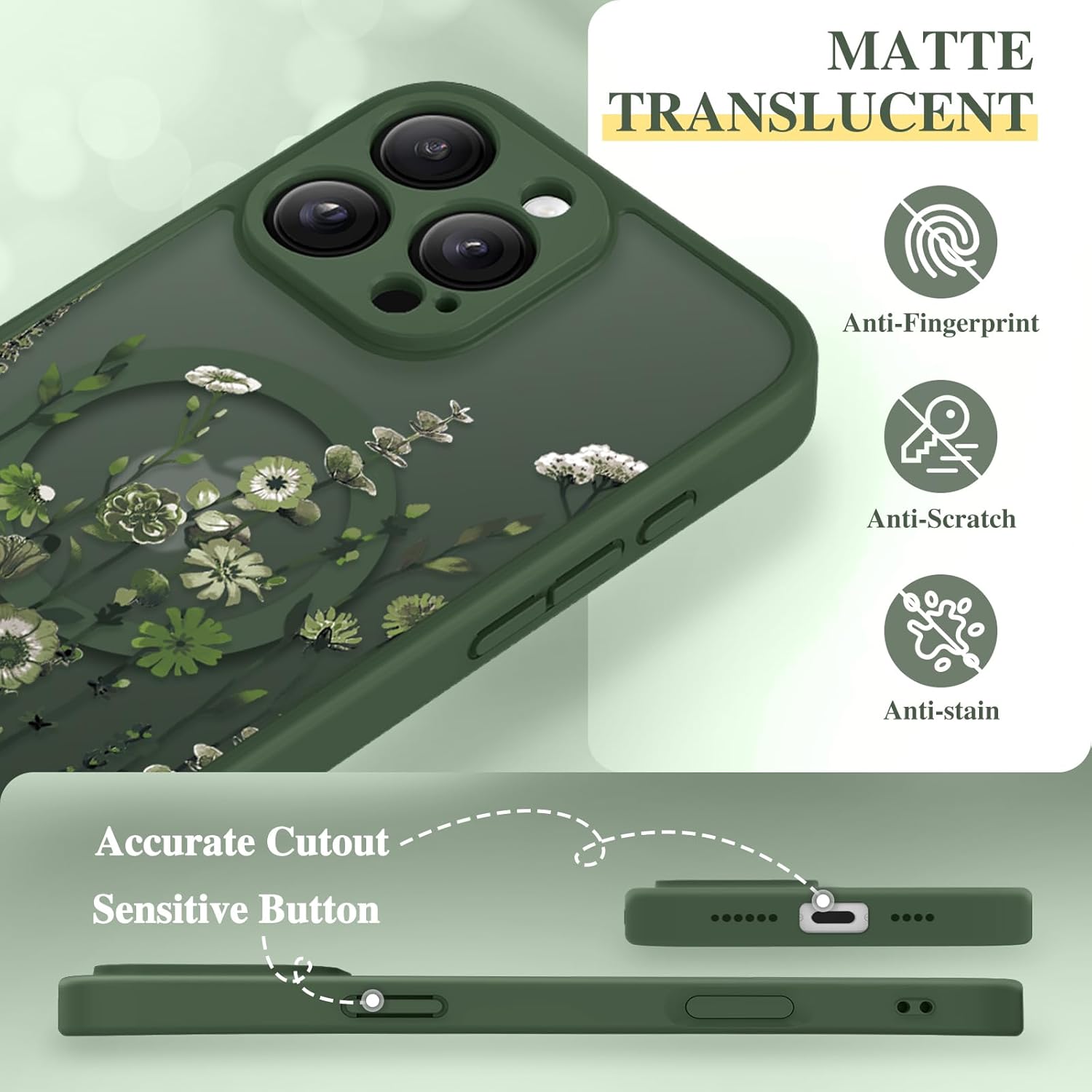 GVIEWIN for iPhone 16 Pro Case Compatible with MagSafe, [Military Grade Protection] [Screen Protector] Full Camera Protection Floral Translucent Women Magnetic Phone Case, Floratopia/Forest Green - Image 6