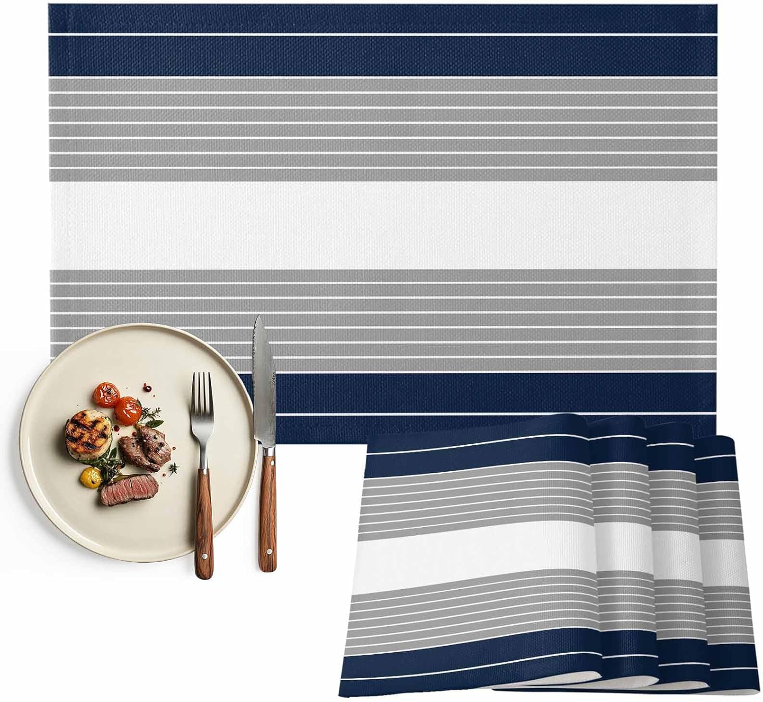 Navy Blue Gray Placemats Set of 8, Simple Stripes Theme Table Mat Place Mats for Home Party Table Decorations