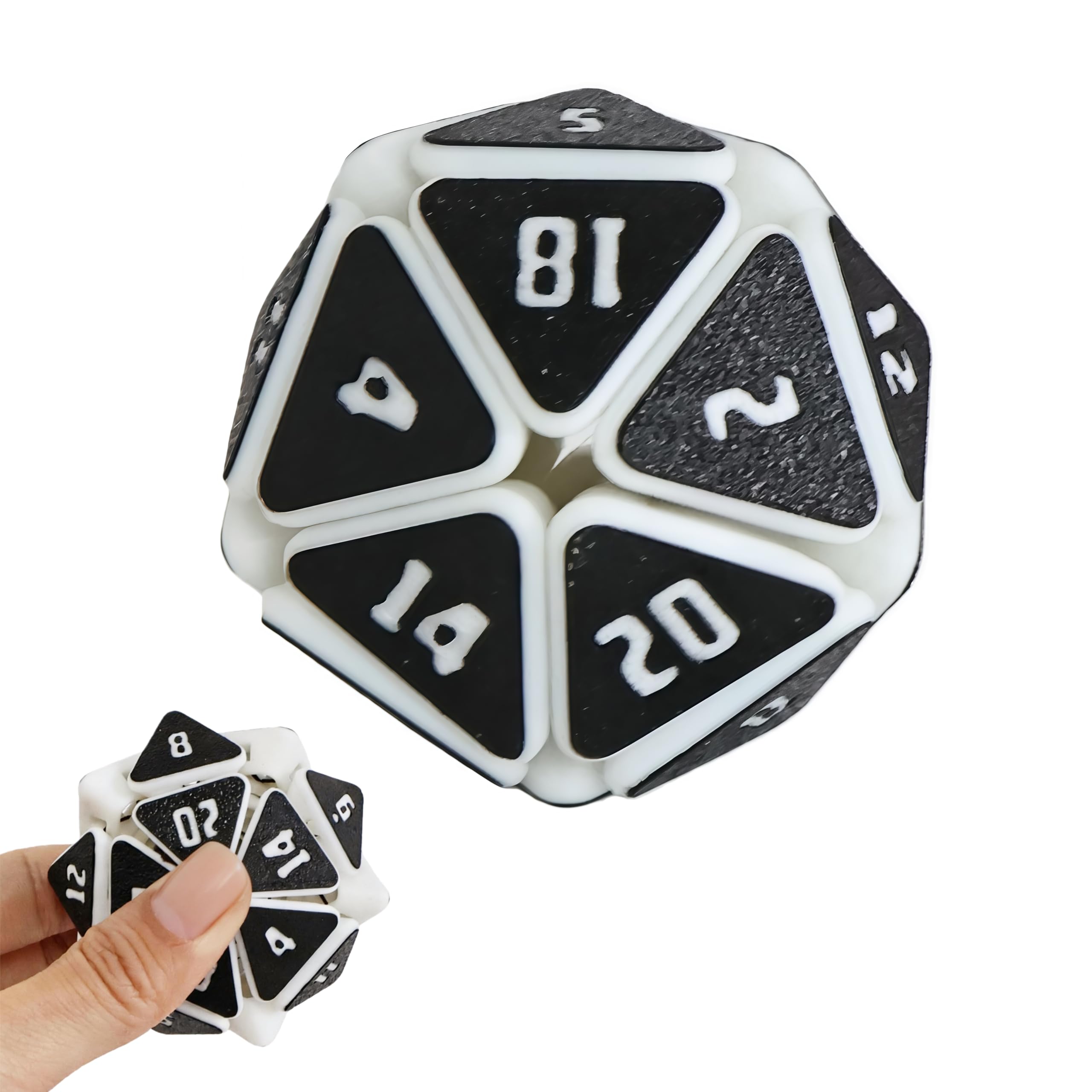 3D Printed Squishy D20 Fidget - Stress Relief Cube for Anxiety & Focus, Satisfying Clicking Sensory Toy for Adults, Perfect for Desk Fidgeting, Gift Idea (White/Black Duo, 1pcs)