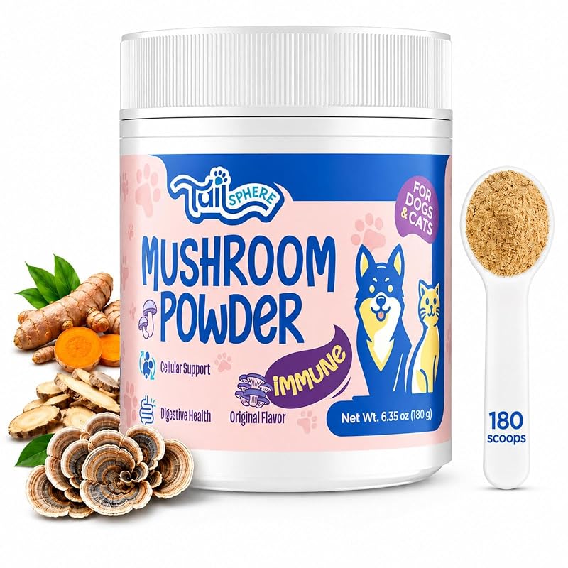 Suplemento em Pó de Turkey Tail para Cães e Gatos TailSphere com Blend de 7 Cogumelos, 180 g e 180 Medidas