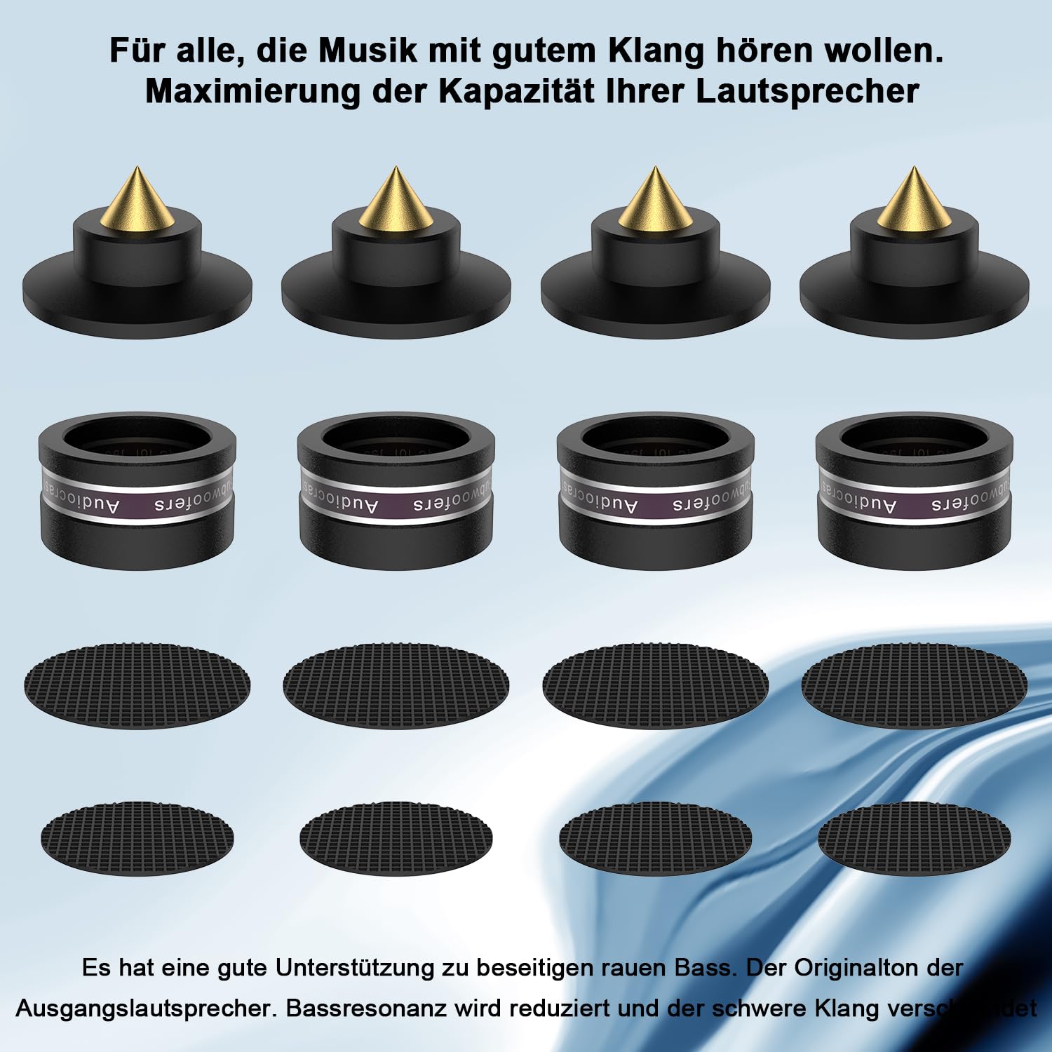 Lot de 4 haut-parleurs en aluminium - Pieds - Réglable en hauteur avec rondelle - Absorbeur de chocs - Pour haut-parleurs, appareils Hi-Fi, caisson de basses et CD DAC - Noir