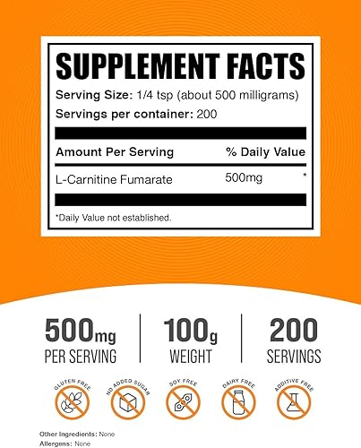 Vista 13 de BulkSupplements. com L-carnitina fumarato en polvo – suplemento de carnitina, nutrición deportiva, L-carnitina 500 mg – Sin gluten, 500 mg por