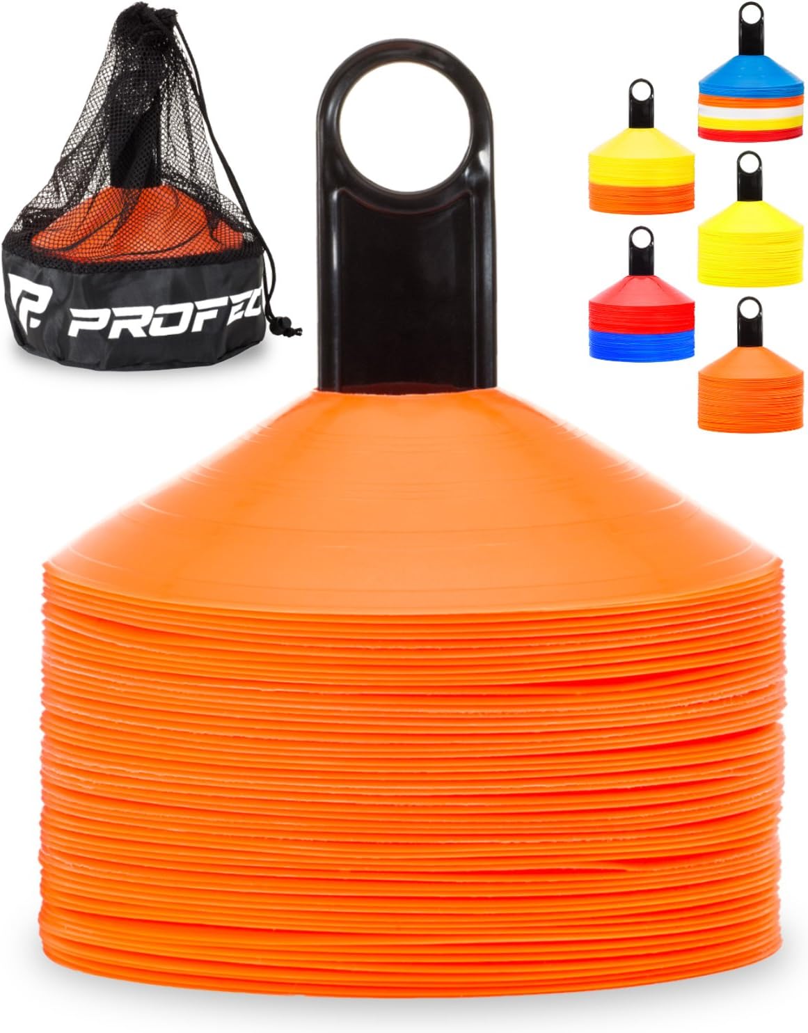 Pro Disc Cones (Set of 50) - Agility Soccer Cones with Carry Bag and Holder for Sports Training, Football, Basketball, Coaching, Practice Equipment, Kids - Includes 15 Best Drills Book