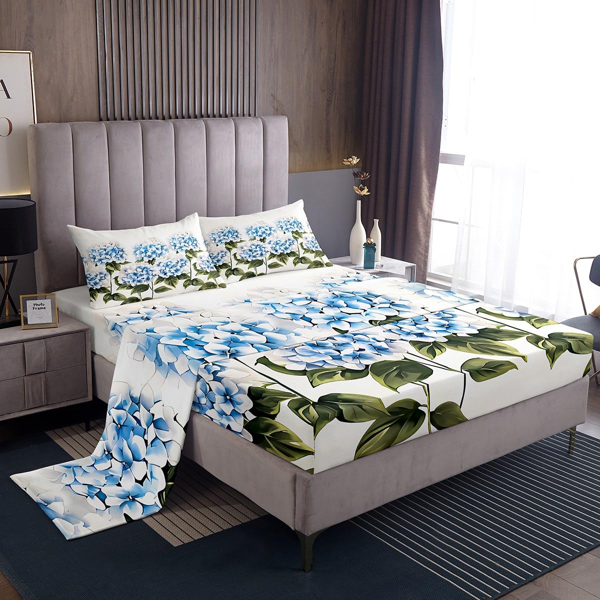 jejeloiu Floral Fitted Sheet Full Size Kids Vintage Flower Bedding Set for Boys Girls Teens Spring Blossom Bed Sheets Set Soft Botanical Blue Green Room Decor