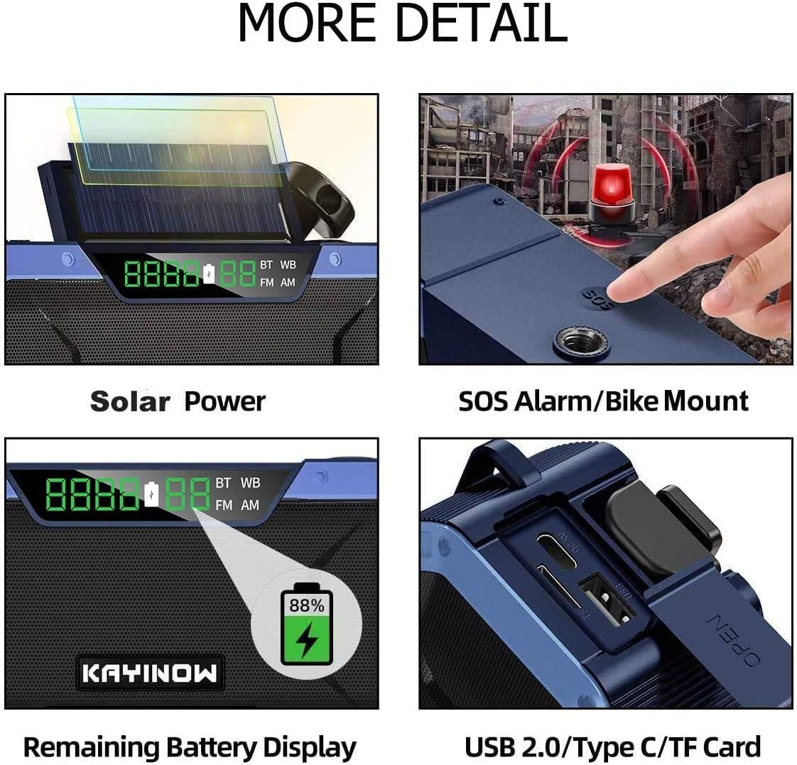 Hand Crank Emergency Weather Radio w/Bluetooth Speaker - IPX5 Waterproof NOAA AM FM Radio, 5000mAh Power Bank, Solar Radio Portable, Radio for Home Camping,SOS Alert,USB Cell Phone Charger, Flashlight : Electronics