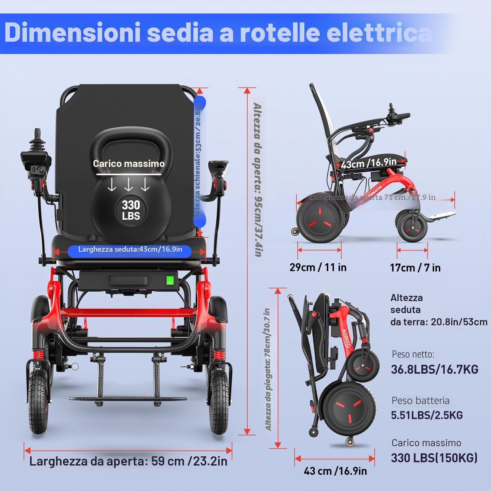 Sedia a rotelle elettrica pieghevole leggera Carbonio 16,7 kg - Sedia a rotelle elettrica pieghevole per tutti i terreni - Sedia a Rotelle Elettrica per anziani fino a 150 kg