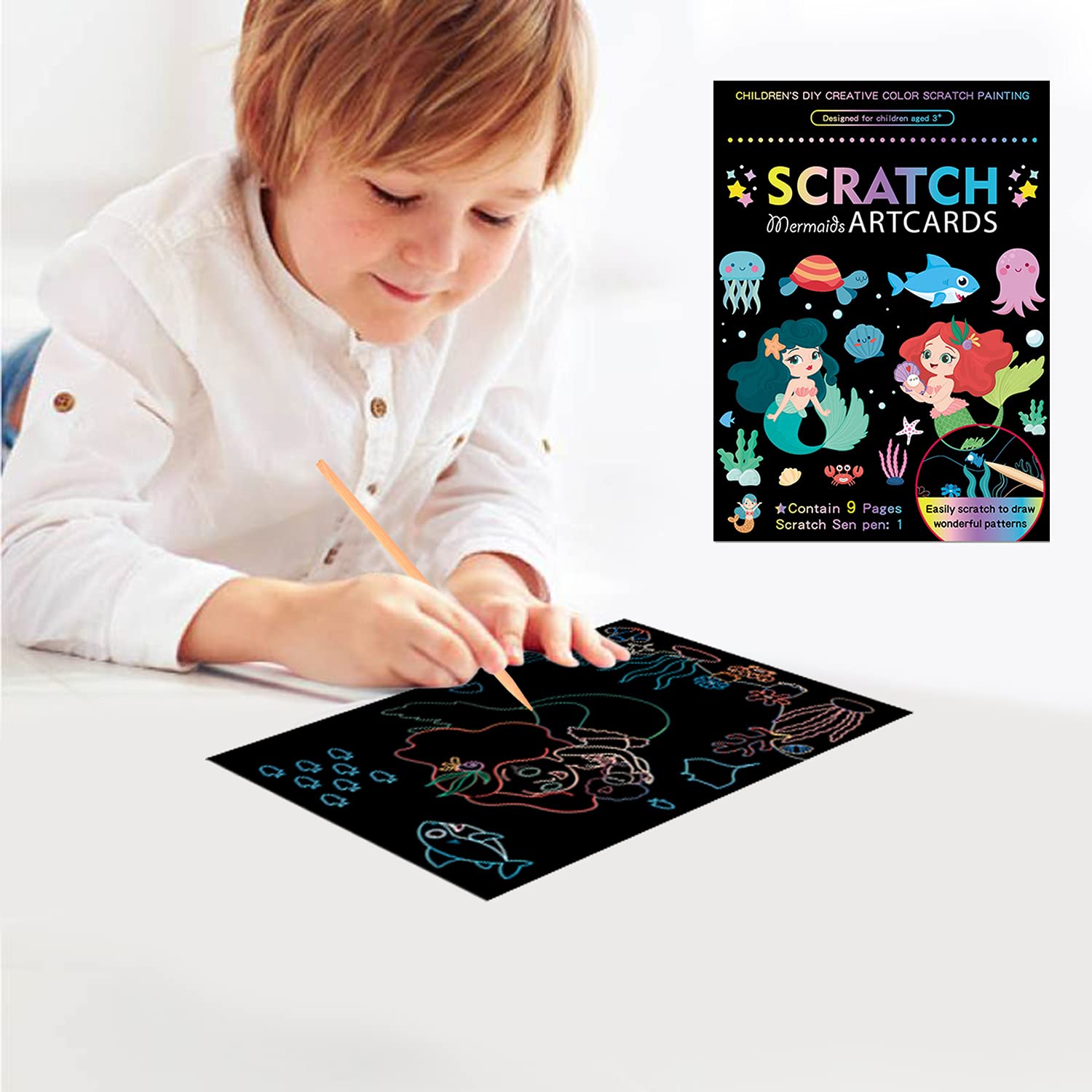 Georgie Porgy Scratch Art Kit dla dzieci Magic Rainbow papier do zdrapywania zeszyt wielkanocny prezent urodzinowy dla chłopców i dziewcząt (wróżka + syrenka)