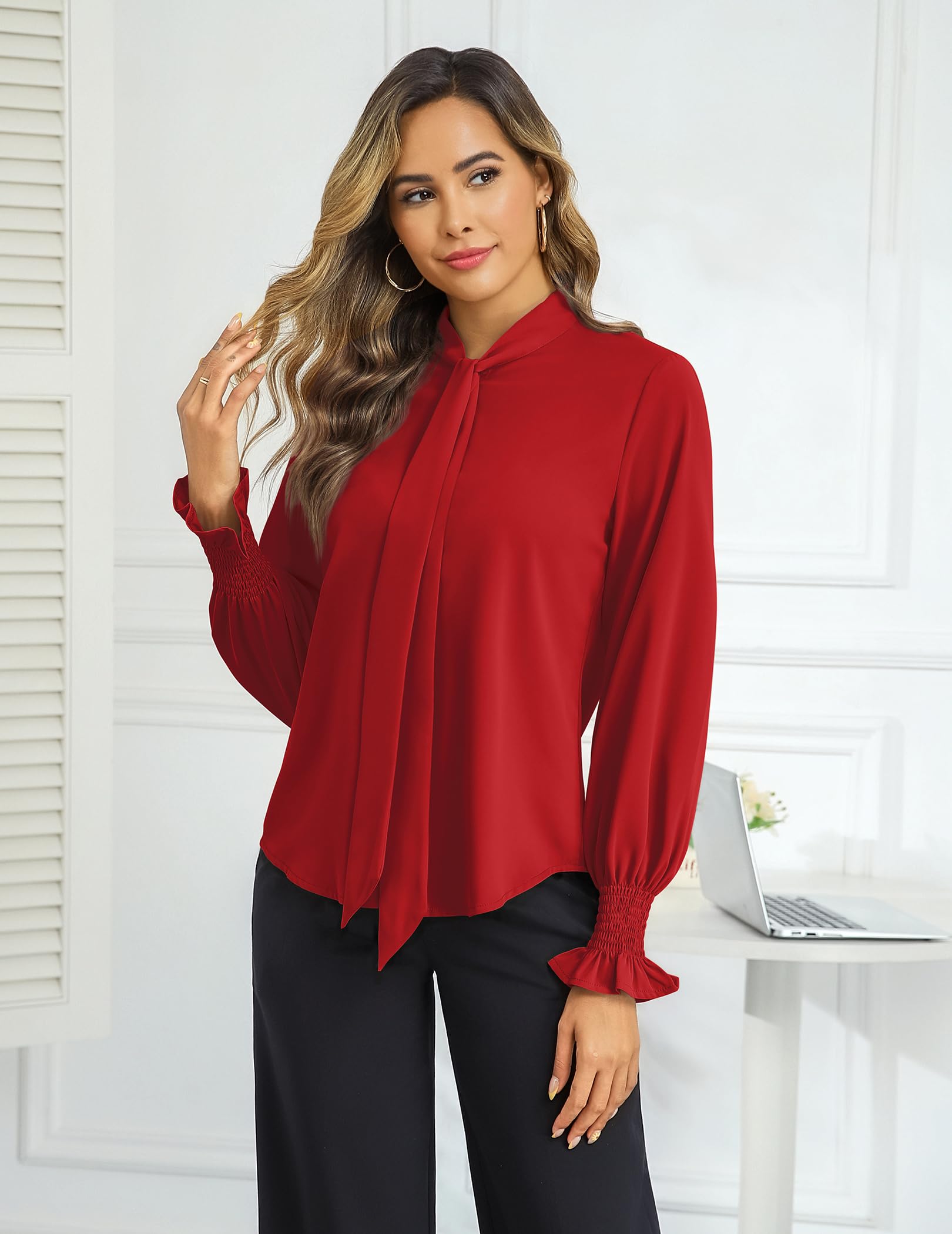 Camicia da donna con bottoni, scollo a V, maniche lunghe, elegante, con fiocco, per lavoro, casual, 2026