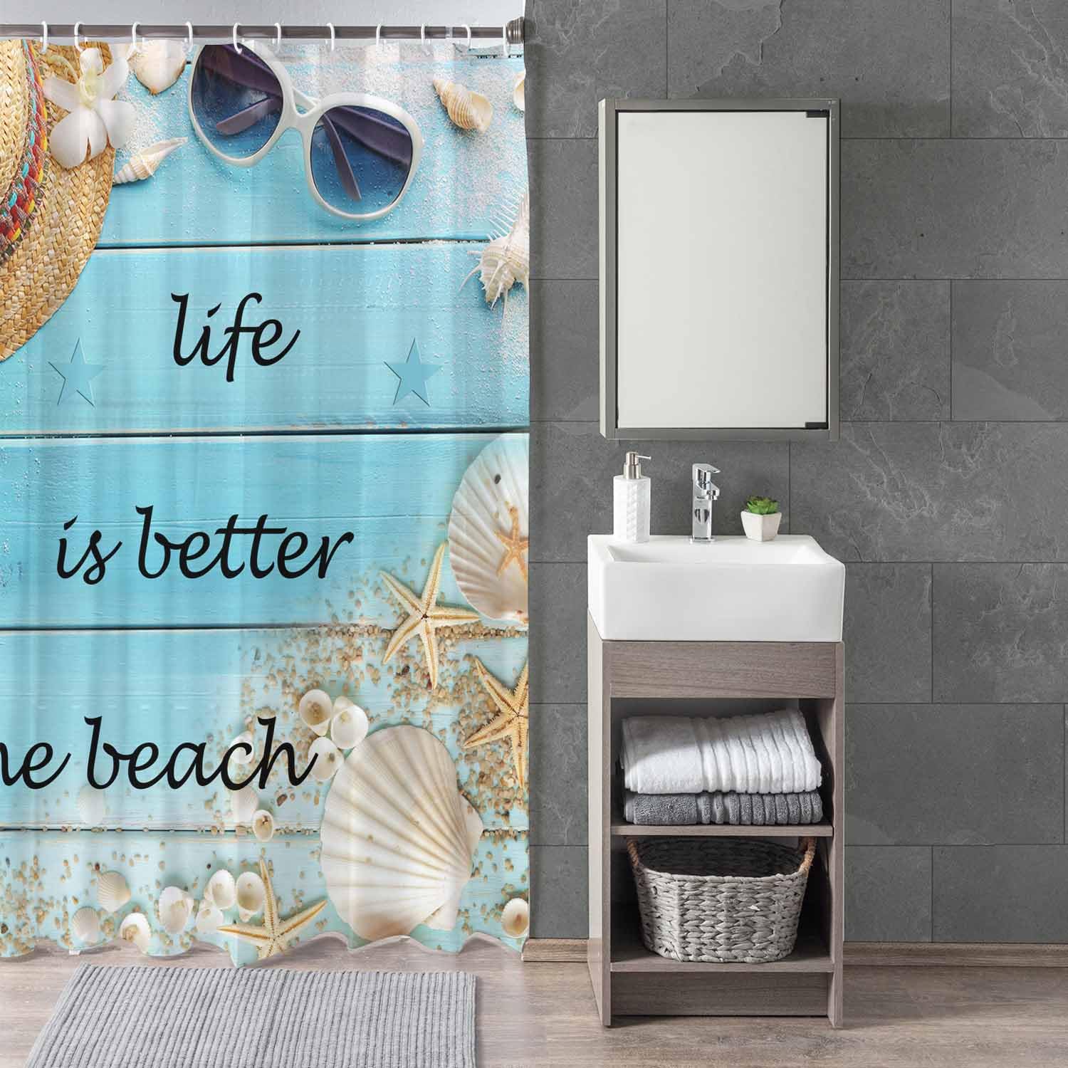 Woutay Shower Curtain Mould Proof Resistant Better Life at The Beach,Water Repellant Fabric,Polyester,Size 180x180CM - Image 3