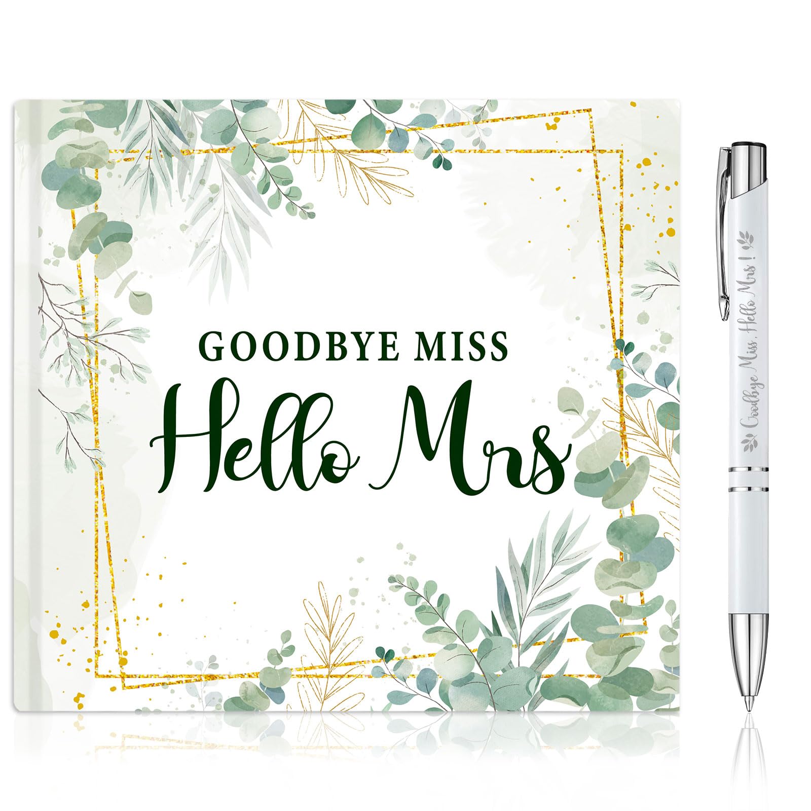 HOWAF Goodbye Miss Hello Mrs Hen Party Guest Book and Keepsake Pen, Kiss The Miss Goodbye Green Floral Bride Advice Book
