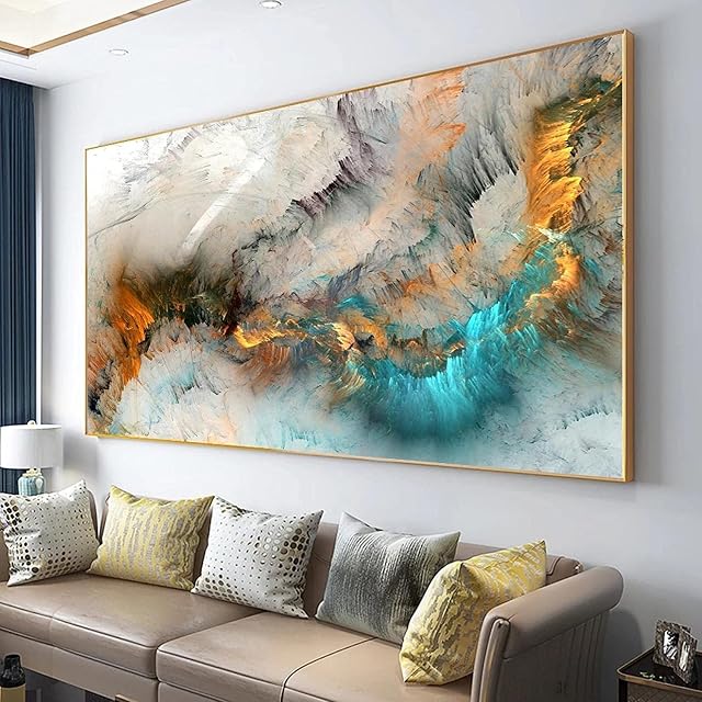 Framed Wall Art Light Gray Blue Yellow Cloud Abstract Canvas Frames - Canvas Painting Wall Art Print Poster for Living Room Decoration50x100cm with Frame