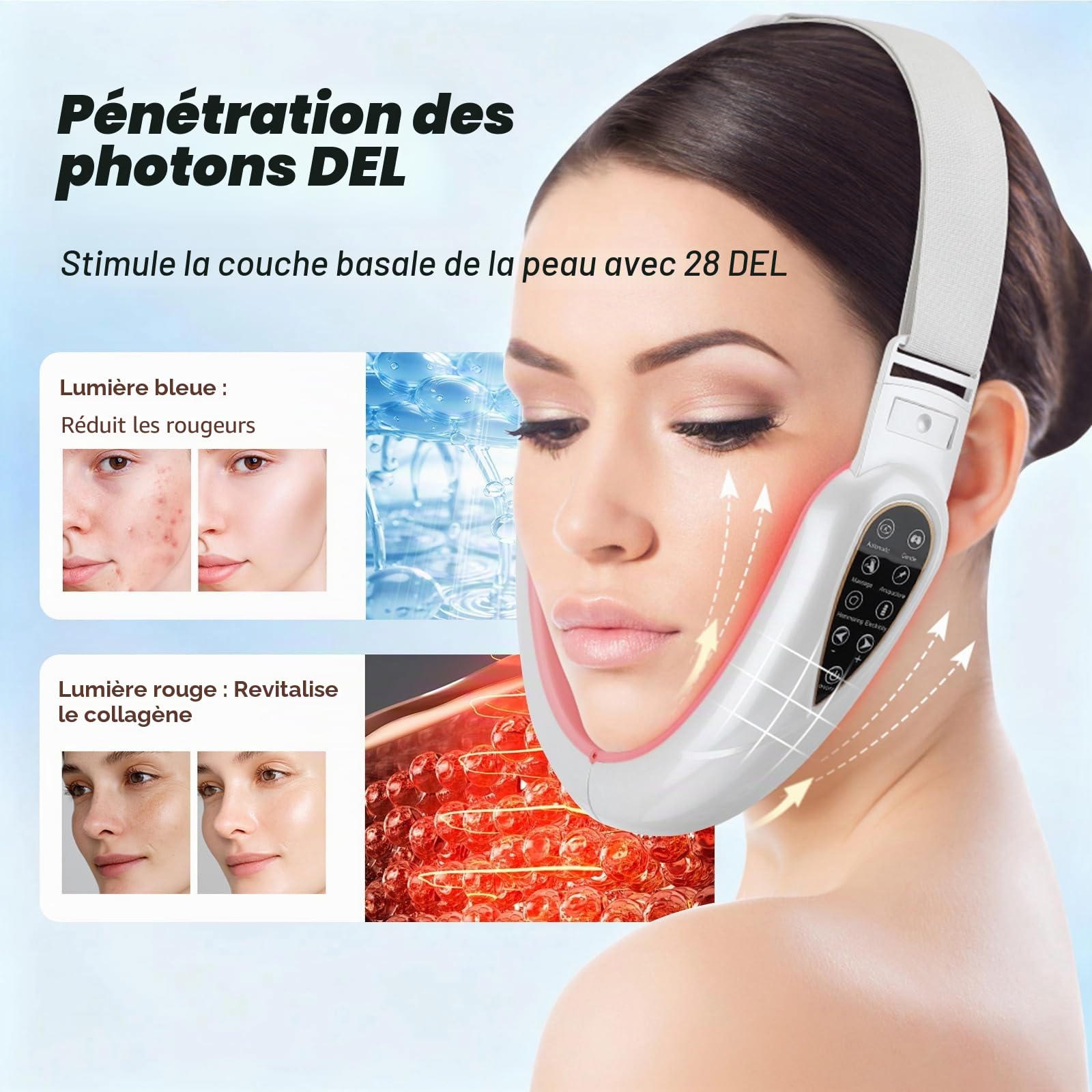 Appareil Massage Facial V-Face, Masseur Facial Électrique EMS, 5 Modes 15 Intensités, Contouring du Visage et de la Mâchoire, Design Pliable (Blanc)