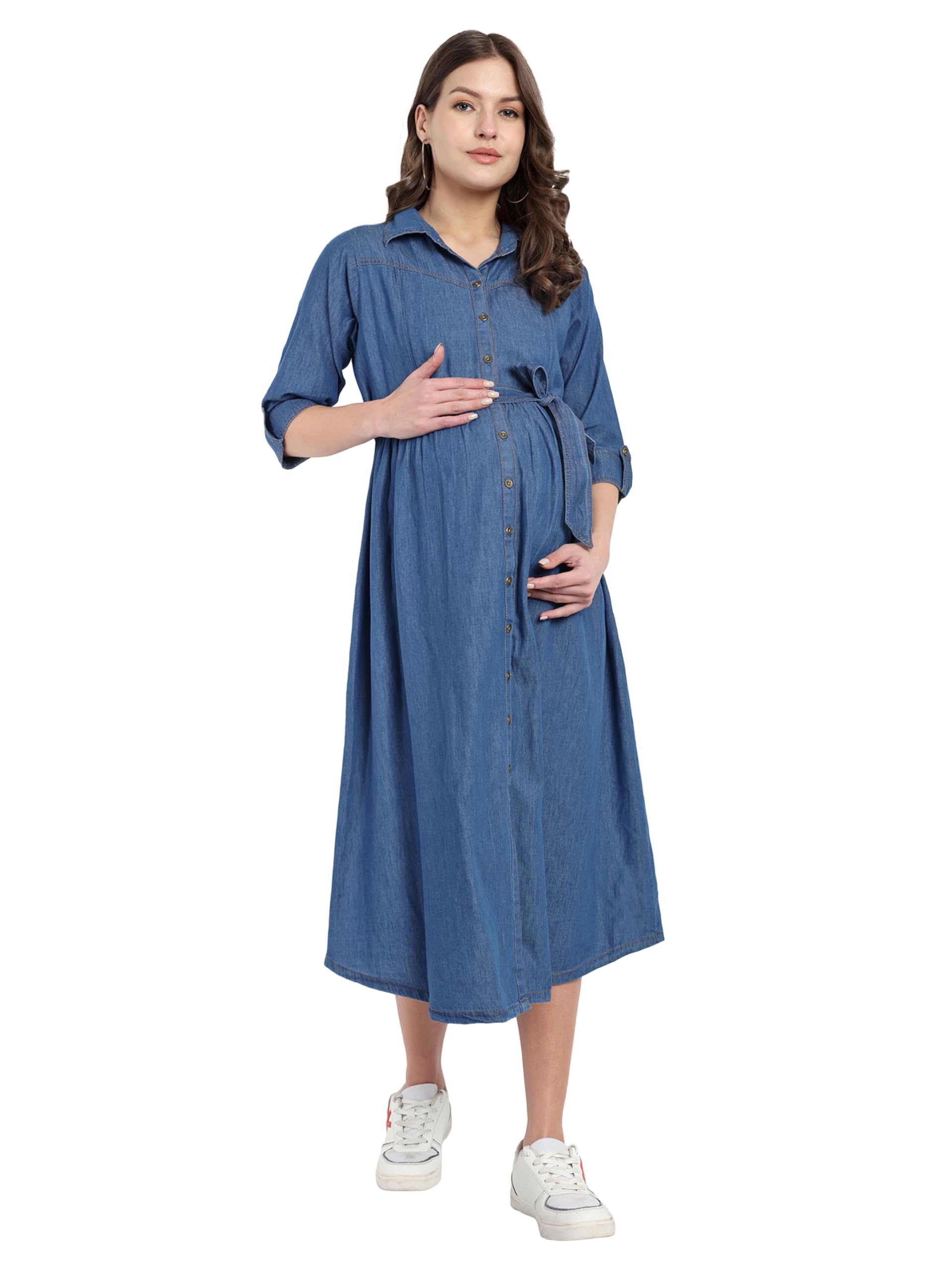Womens Plain Maternity Dress with Cotton Denim Fabric, Easy Breast Feeding Dress, Dress with Zippers for Nursing Pre and Post