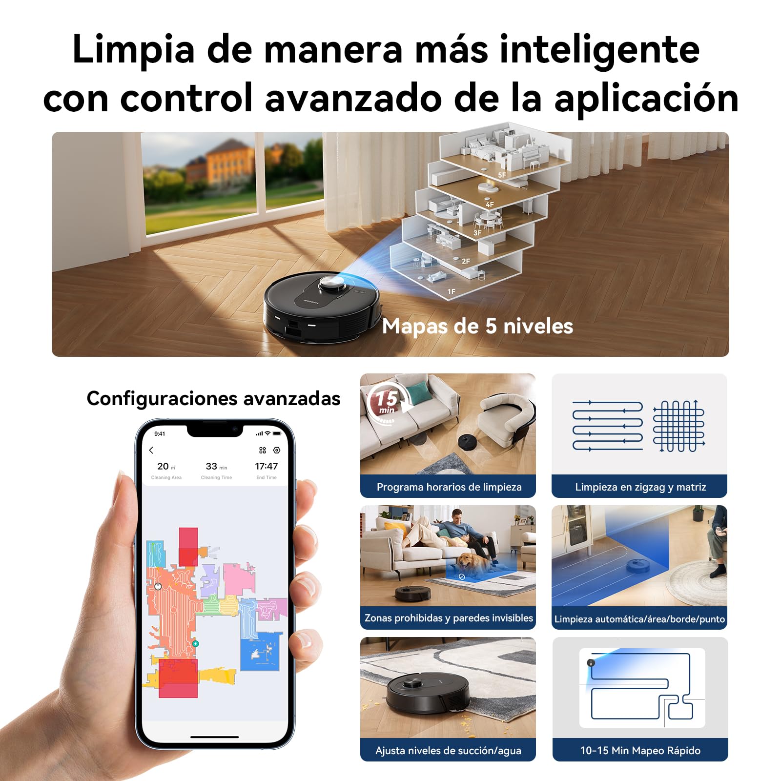 Proscenic Q8 MAX Robot Aspirador con Base Autovaciado, Navegación Lidar, 5000Pa/200Mins Potente Succión, Antienredos, Control de Voz/App/Aleax, Ideal para Pelo de Mascotas, Polvo, Piso y Alfombras