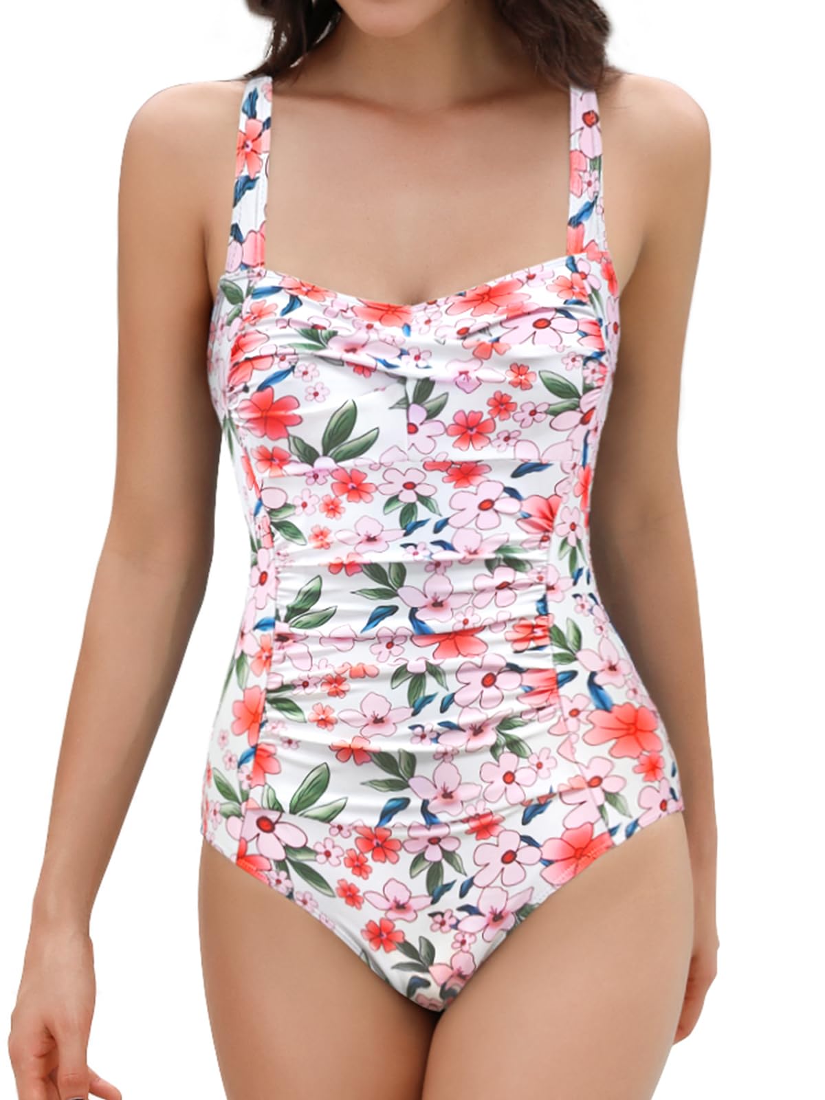 SHEKINI Traje de Baño Una Pieza para Mujer Cuello Bajo Ajustables Correas Slim Bañador Fruncido Control Abdomen Ropa de Playa — view 10