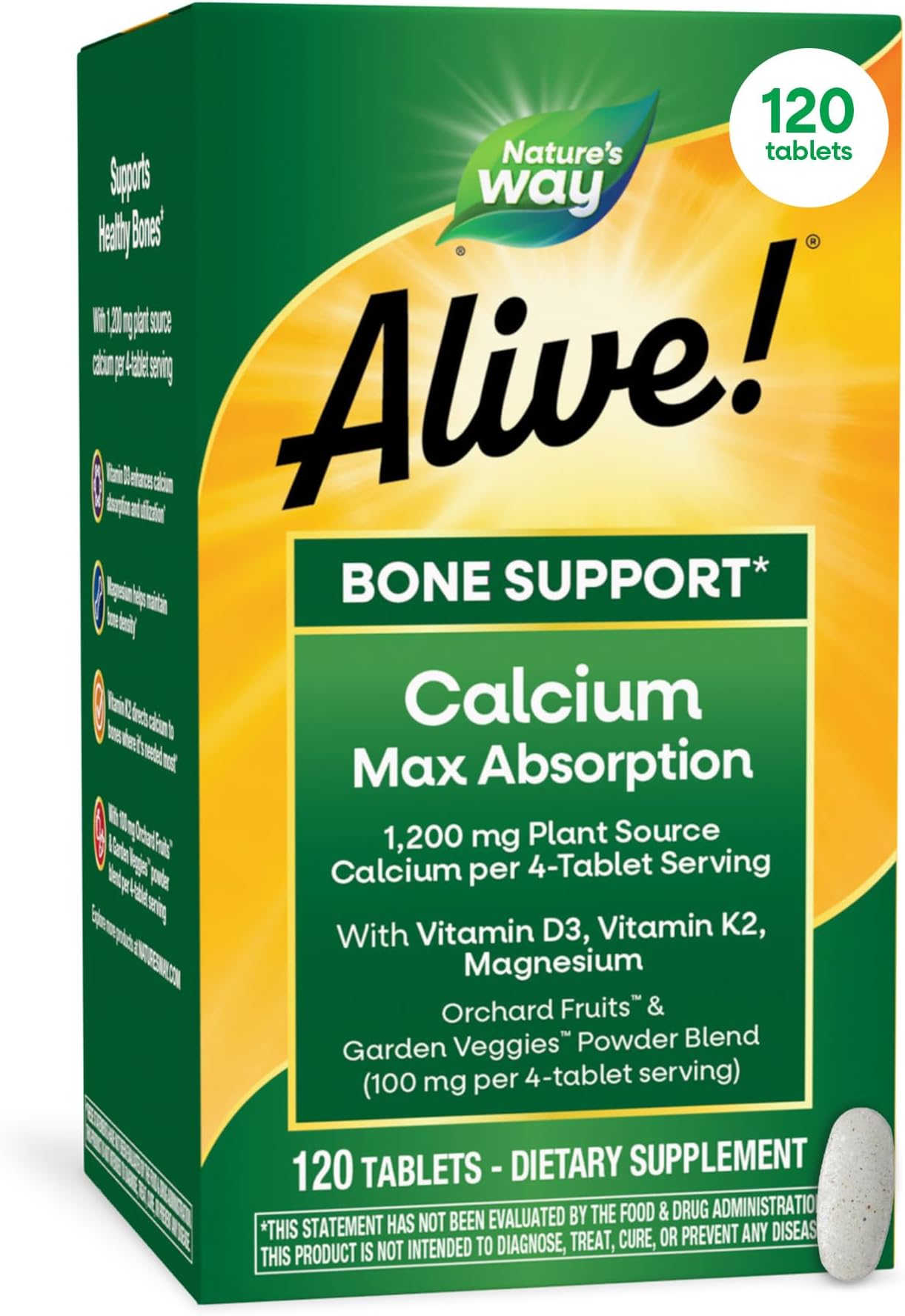 Nature’s Way Alive! Calcium Bone Support Tablets*, Max Absorption Calcium Supplement with Vitamins D3, K2, & Magnesium, Promotes Bone Health and Bone Density*, Gluten Free, 120 Tablets