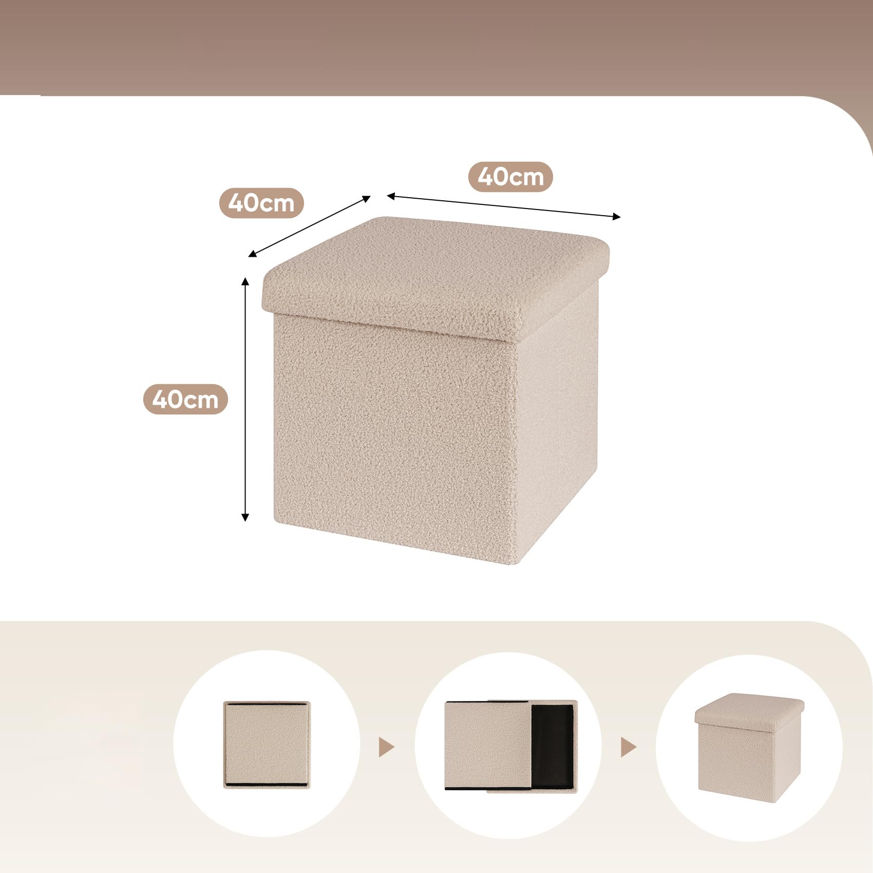 Bonlife Taburete con Espacio de Almacenamiento, Plegable, con Tapa, de Terciopelo, Reposapiés, Caja de Almacenamiento, Beige,40x40x40cm