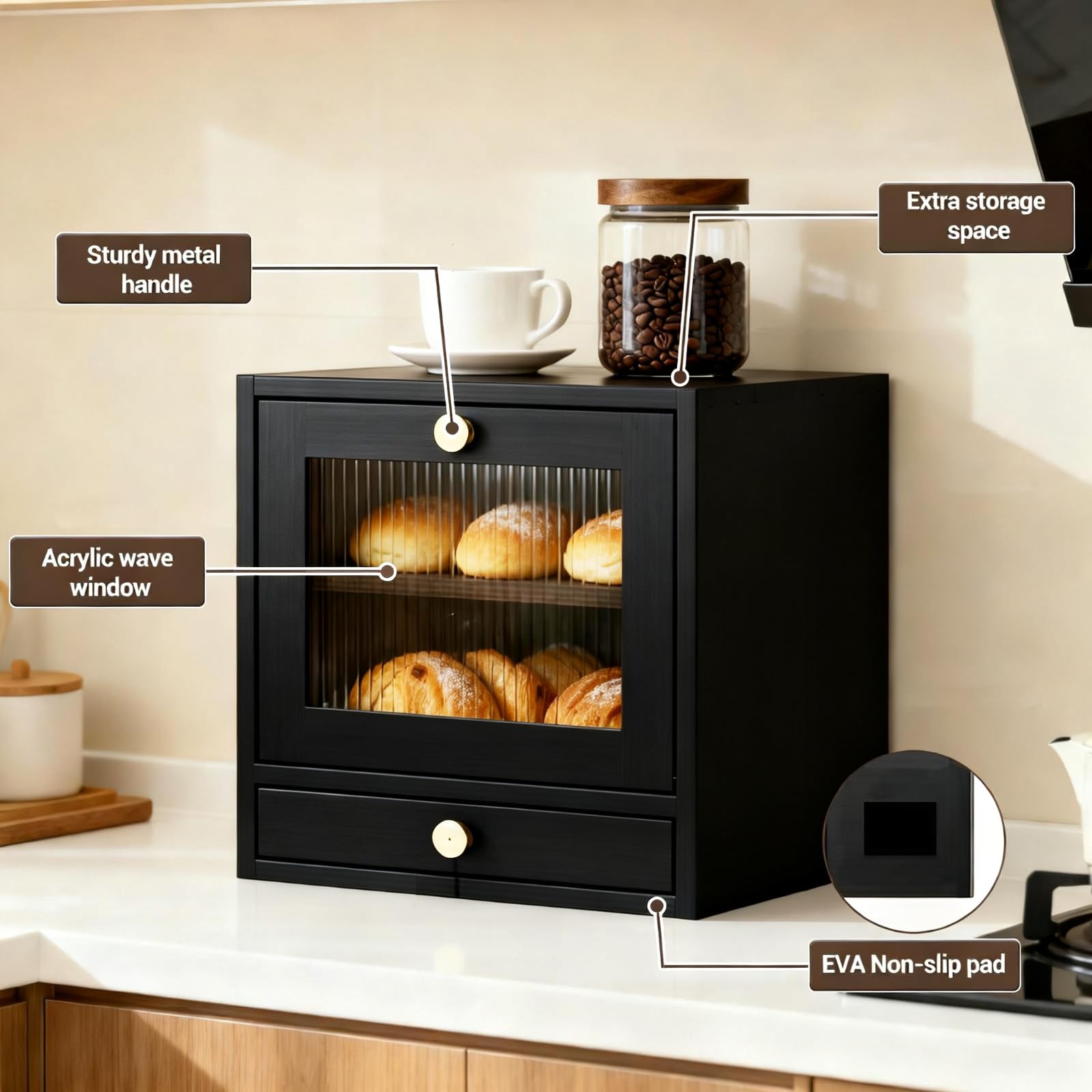 GarveeHome Brotkasten Holz, 36,8 x 24 x 36 cm Groß Brotbox mit Schublade zur Aufbewahrung von Geschirr, Küche Brotaufbewahrung mit Acrylglasfenster für Brot Längere Frische & Einfache Pflege