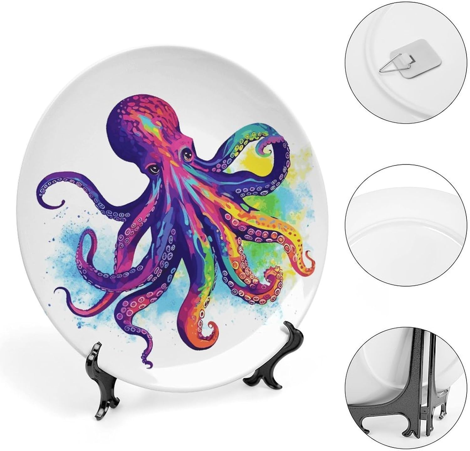 Colorful Octopus Bone China Decorative Plate with Display Stand, Ceramic Ornaments Plate for Wall Hanging, Personalized Porcelain Plates for Office, Living Room 8inch