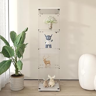 Frameless Glass Display Cabinet, Curio Cabinet Display Case with Lock and Glass Door, Quick-Install Floor Standing Showcase Display Shelf for Collectibles, Legos, Figures, Plants