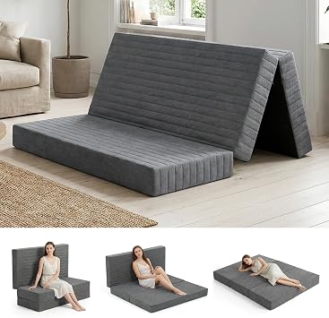 Erament 6-Inch Tri-Fold Mattress Queen Size, Covertible Bed Floor Futon Mattress with Handles & Non-Slip Bottom, Foldable Mattress with Removable Tufted for Guest, Camping, Dorm
