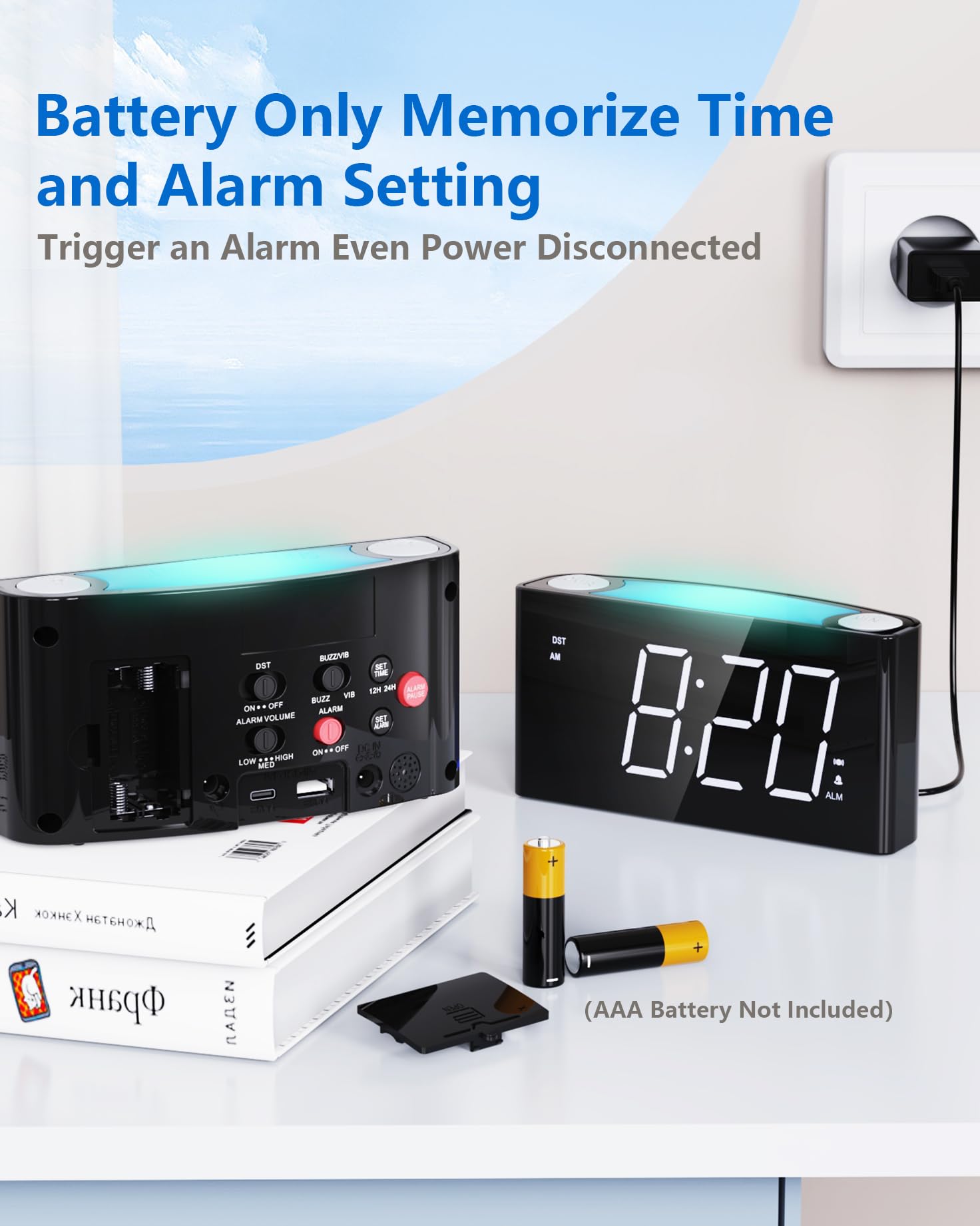 Sveglia con vibrazione per dormiglioni e persone con problemi di udito, tipo caricatore C, 12/24 H, sveglia ad alto volume con 7 luci notturne, grande display LED, dimmer, snooze, batteria di backup