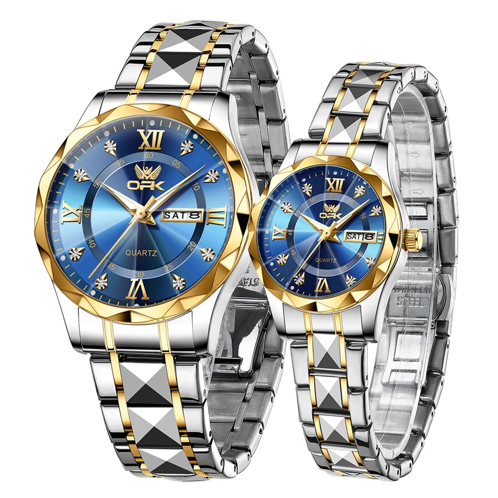 Couple Watch Set - His & Her Matching Watches with Luxury Diamond Stainless Steel Waterproof & Luminous Quartz WristWatches Romantic Gift-image-36