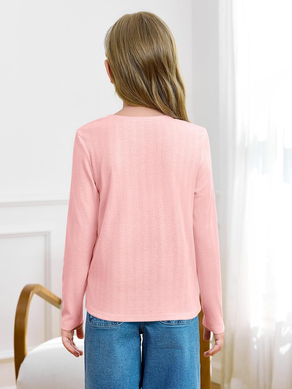 Haloumoning Girls Long Sleeve Shirts Kids Crewneck Tops Cute Mesh Blouse Tee 5-14 Years - Image 4