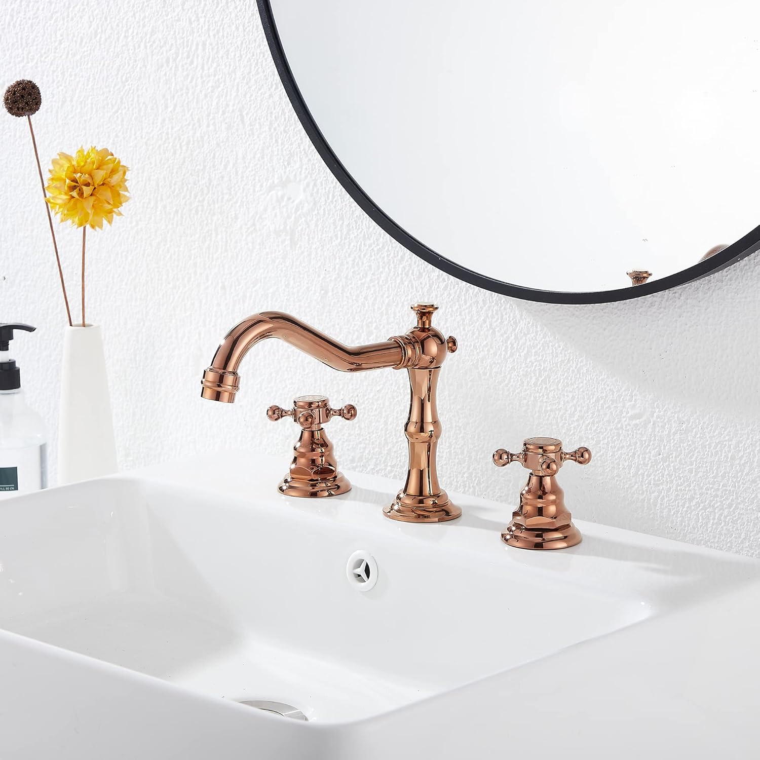 GGStudy 8-16 inch Two Handles 3 Holes Widespread Bathroom Sink Faucet Copper Basin Mixer Tap Faucet Matching Metal Pop Up Drain with Overflow