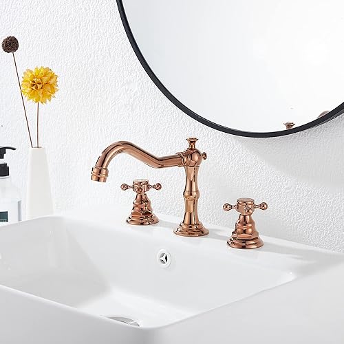 Miniatura 8 de GGStudy Grifo de lavabo de baño de 8-16 pulgadas con dos manijas, 3 orificios, instalación extendida, grifo mezclador de lavabo de cobre con desagüe