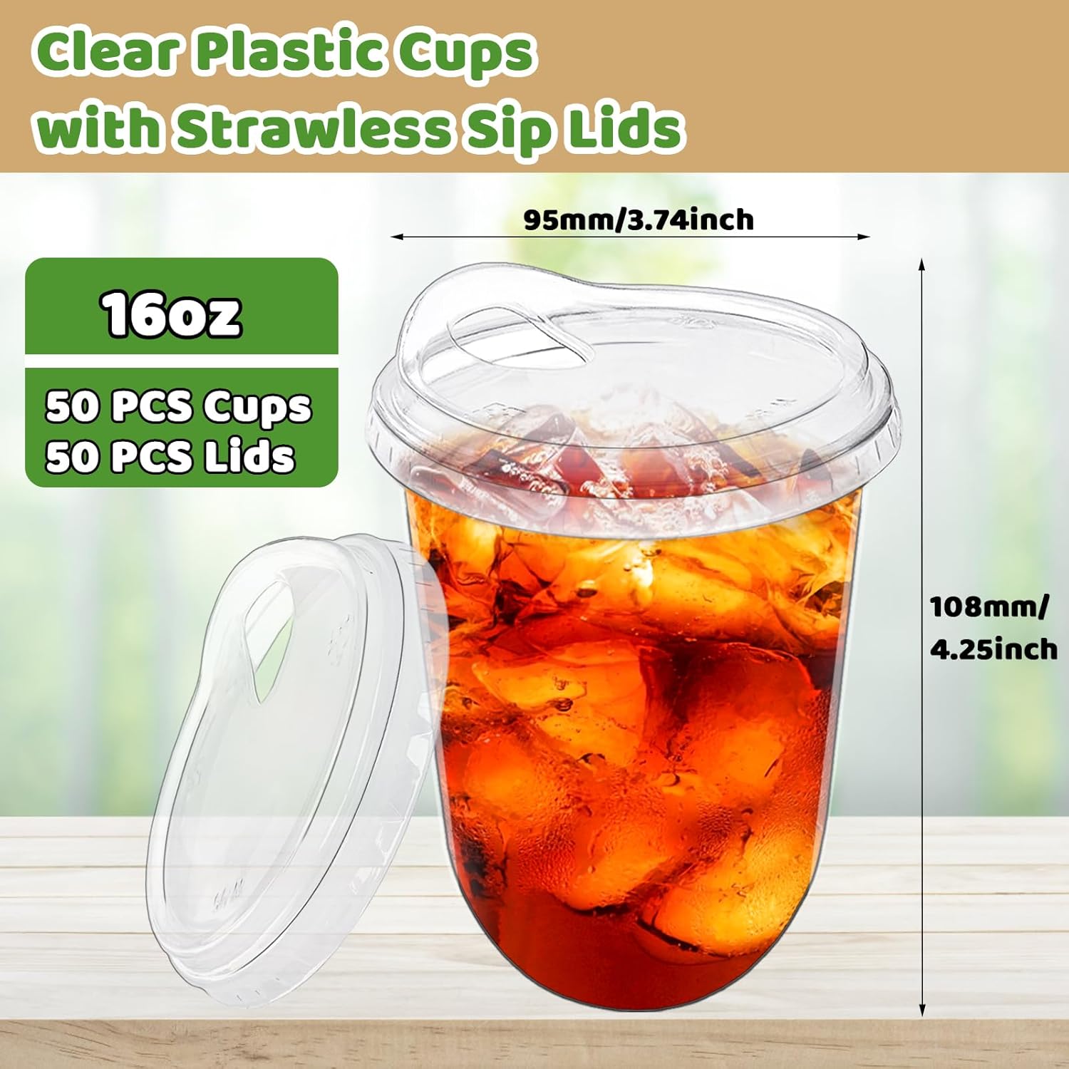 50 Pack Clear Plastic Cups with Strawless Sip Lids,16 oz Iced Coffee Cups With Lids,Disposable PET Crystal Cups,Round Bottom To Go Cup for Iced Coffee Juice Smoothie Cold Beverage - Image 2