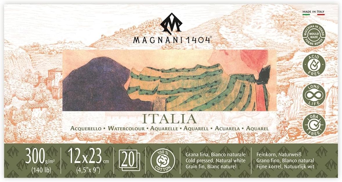 Magnani 1404 Italia Cold Press 100% Cotton Watercolor Paper Pad, 20 Sheets, 4.5x9, 140 lb, Acid-Free, UV Resistant, Deckled Edges, Vegan Sized Water Color Paper for Artists, Made in Italy