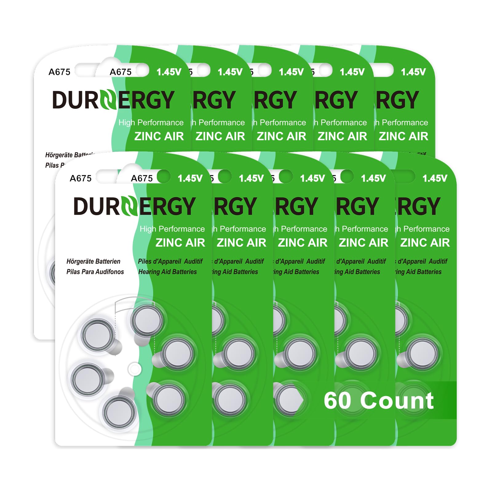 DURNERGY Lot de 60 piles pour appareils auditifs Taille 675, piles zinc-air, 1,45 V, piles ZA675 A675 PR44 sans mercure