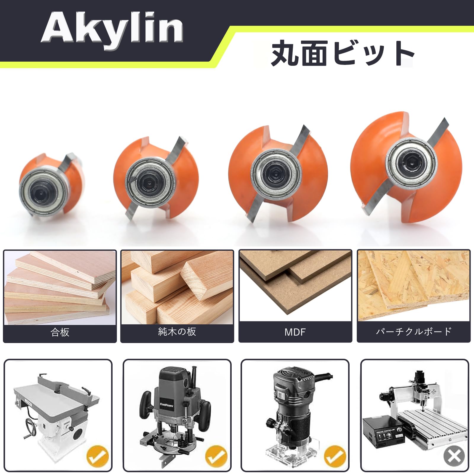 Amazon | Akylin 4本セット ボーズ面ビット トリマービット 面取り