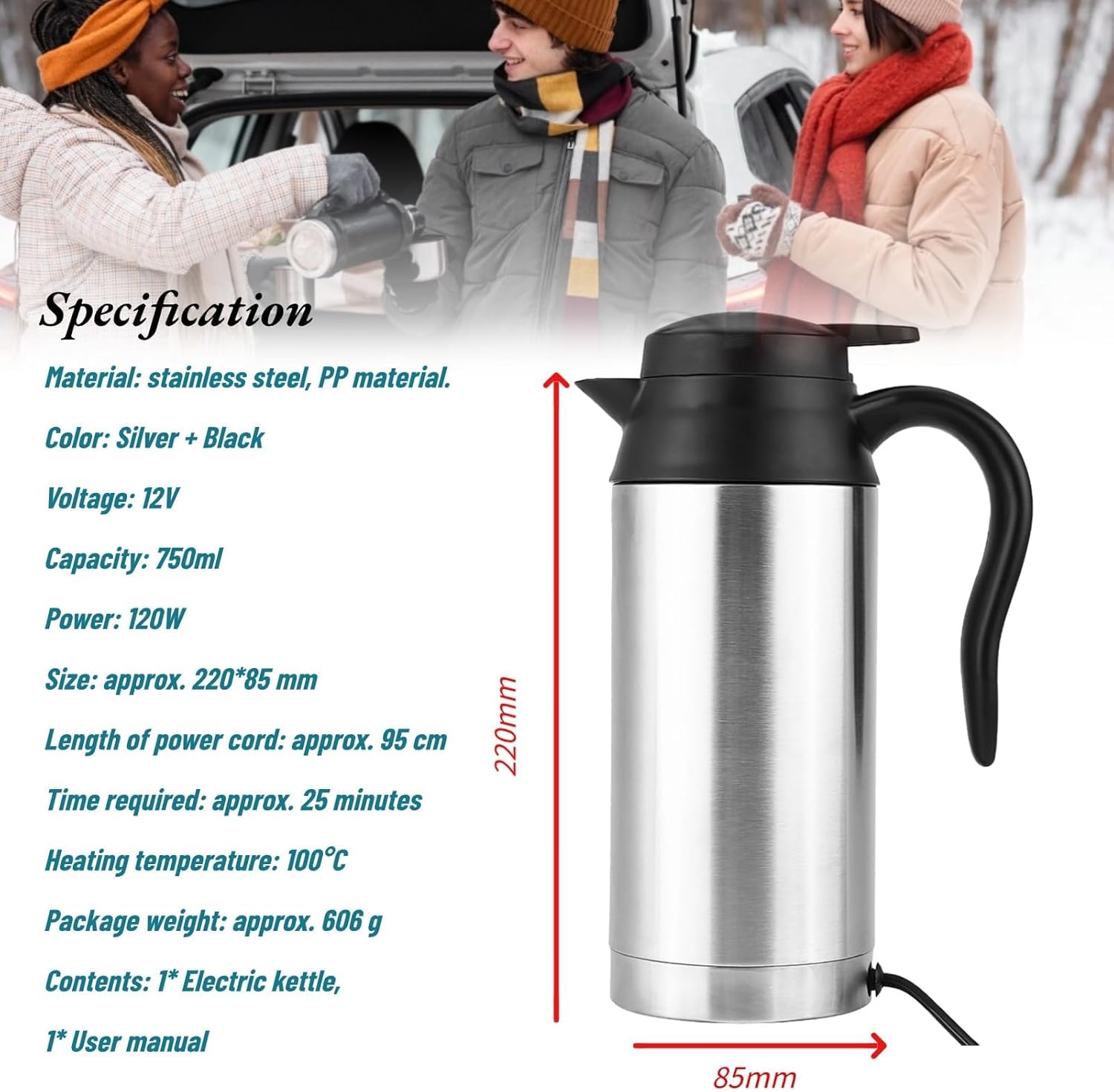 Car Electric Kettle, 750ml 12V Car Stainless Steel Car Water Boiler Heating Kettle, Portable Electric Travel Bottle, for Heating Water Coffee Milk Tea