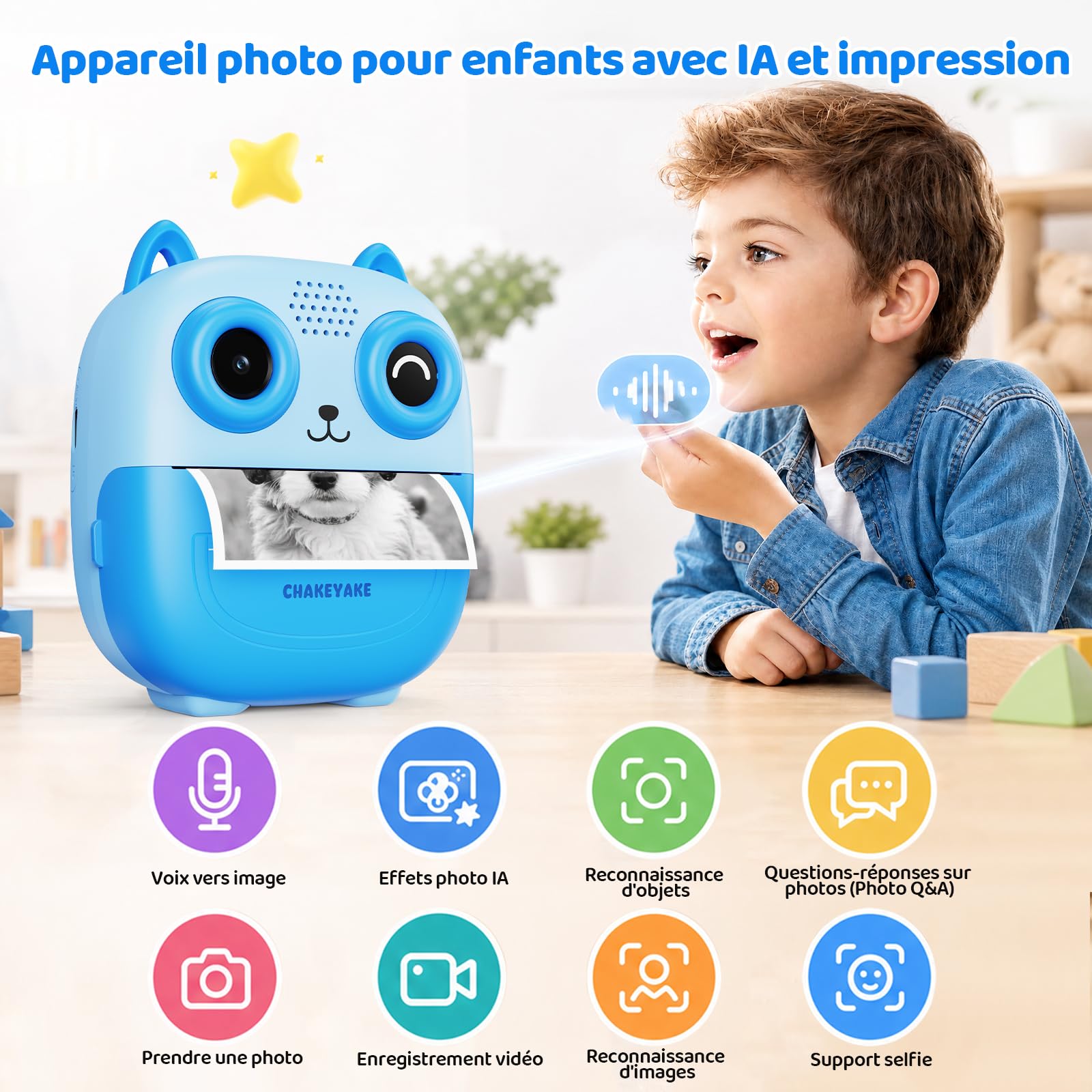 CHAKEYAKE Appareil Photo Instantané Enfants, Appareil Photo Numérique Écran de 2,4 Pouces avec Imprimante Vocale IA, Contrôle Vocal, Reconnaissance d' Objets et de Mots, Q&R, Créatifs & Filtres
