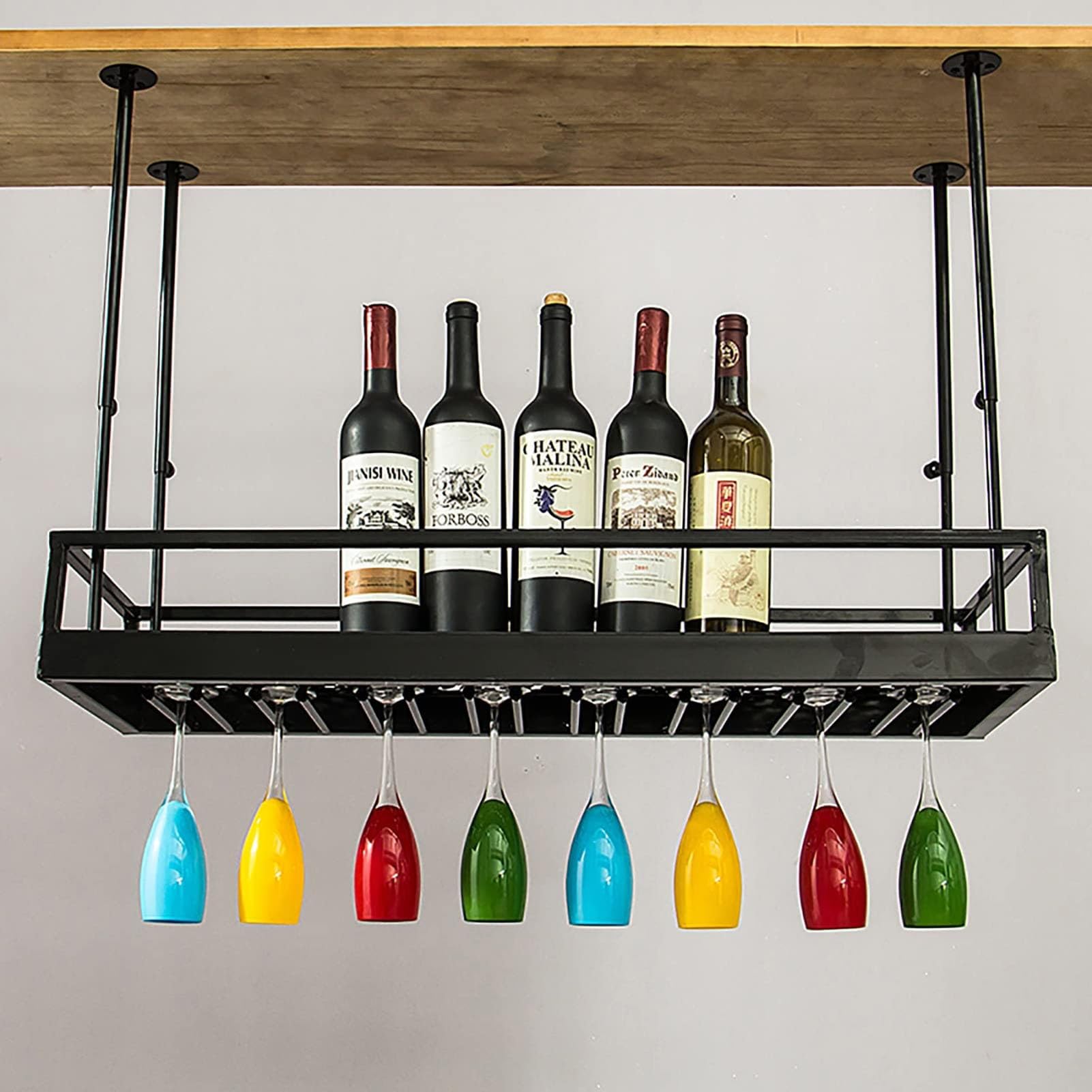 Porte-verres à vin de plafond à hauteur réglable en fer noir