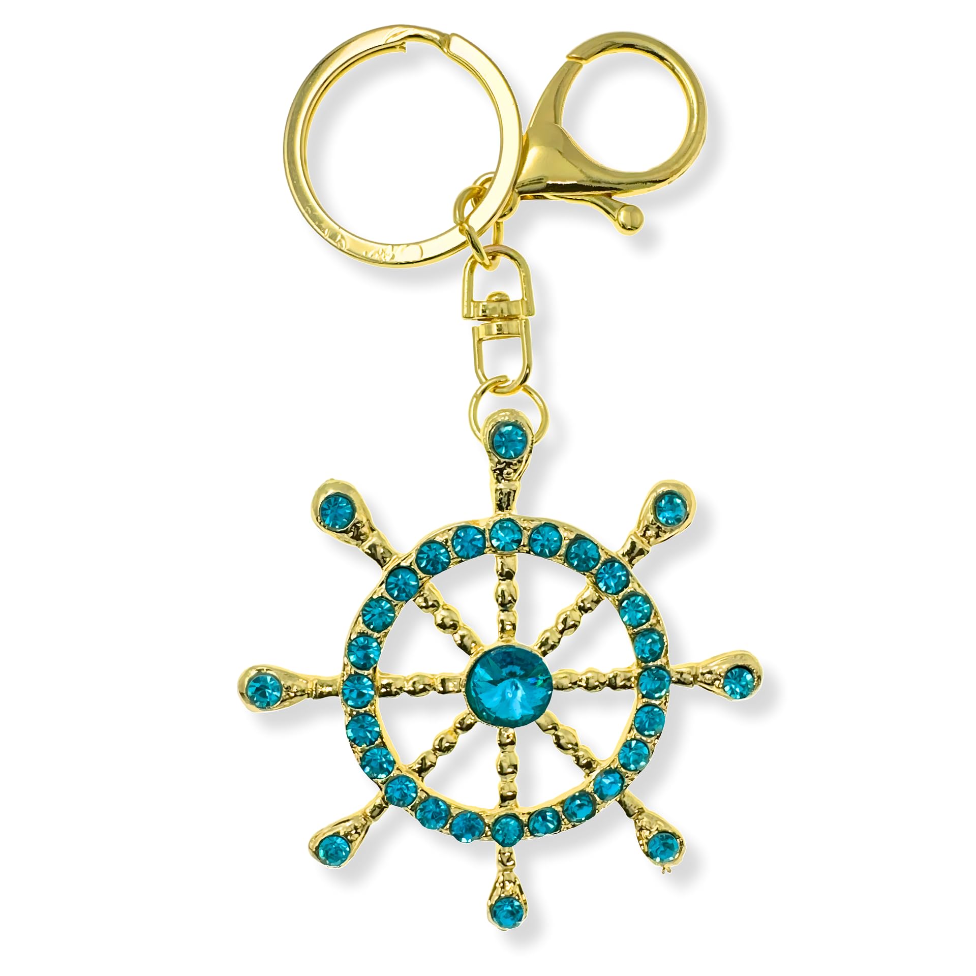 Ship's Wheel Keychain for Women | Blue Rhinestone Maritime Helm Charm | Nautical Direction Gift with Pouch