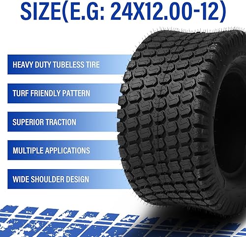 Miniatura 5 de SUNROAD 2 piezas de 24 x 12.00-12 8PR neumáticos de repuesto para cortacésped y jardín, cortacésped, carrito de golf, banda de rodadura de césped
