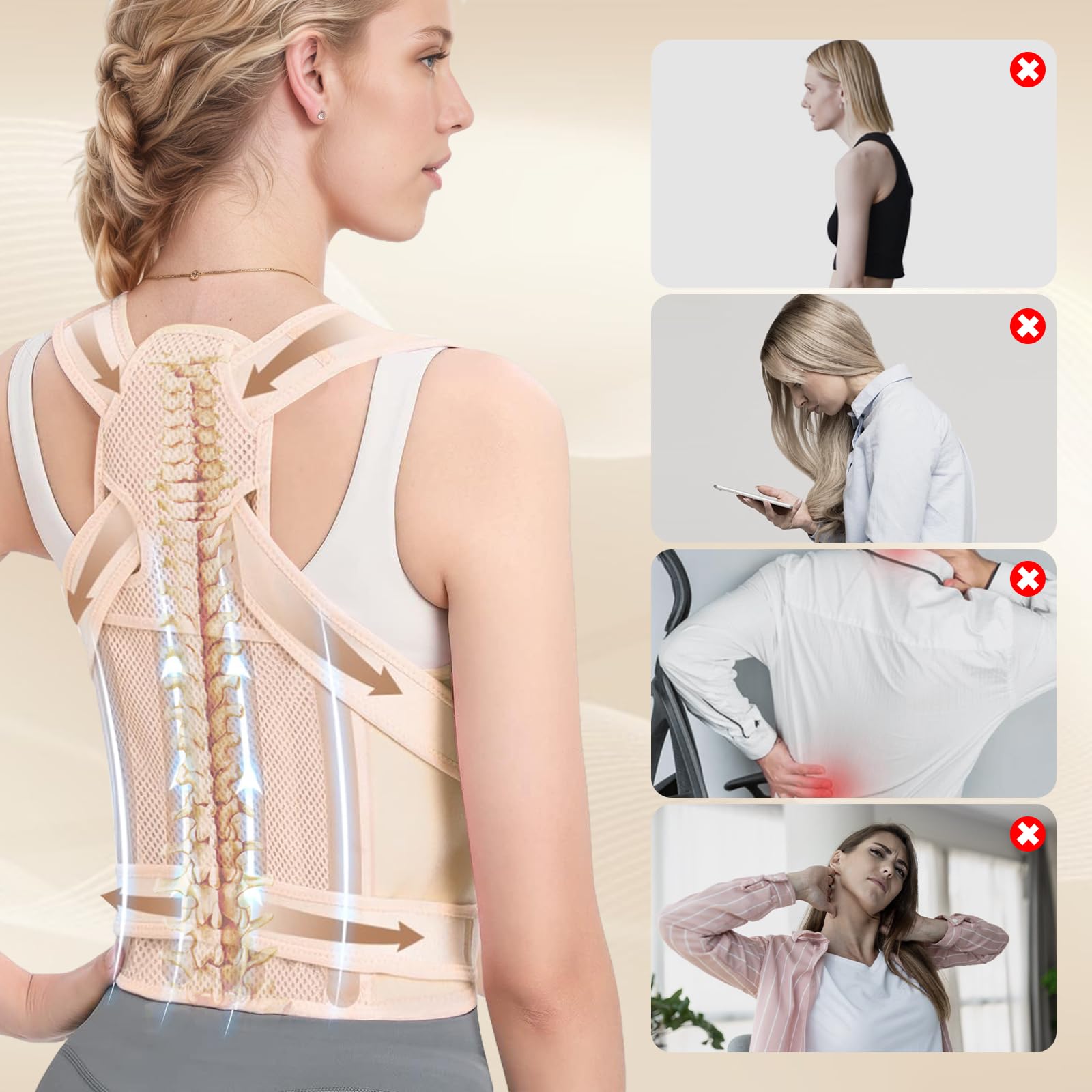 Rücken Geradehalter, Schultergurt Haltungskorrektur Damen und Herren, Atmungsaktiv und Verstellbar Rückenstütze die Taille, für lange Büroarbeit, Studium und Sport (Beige, M)