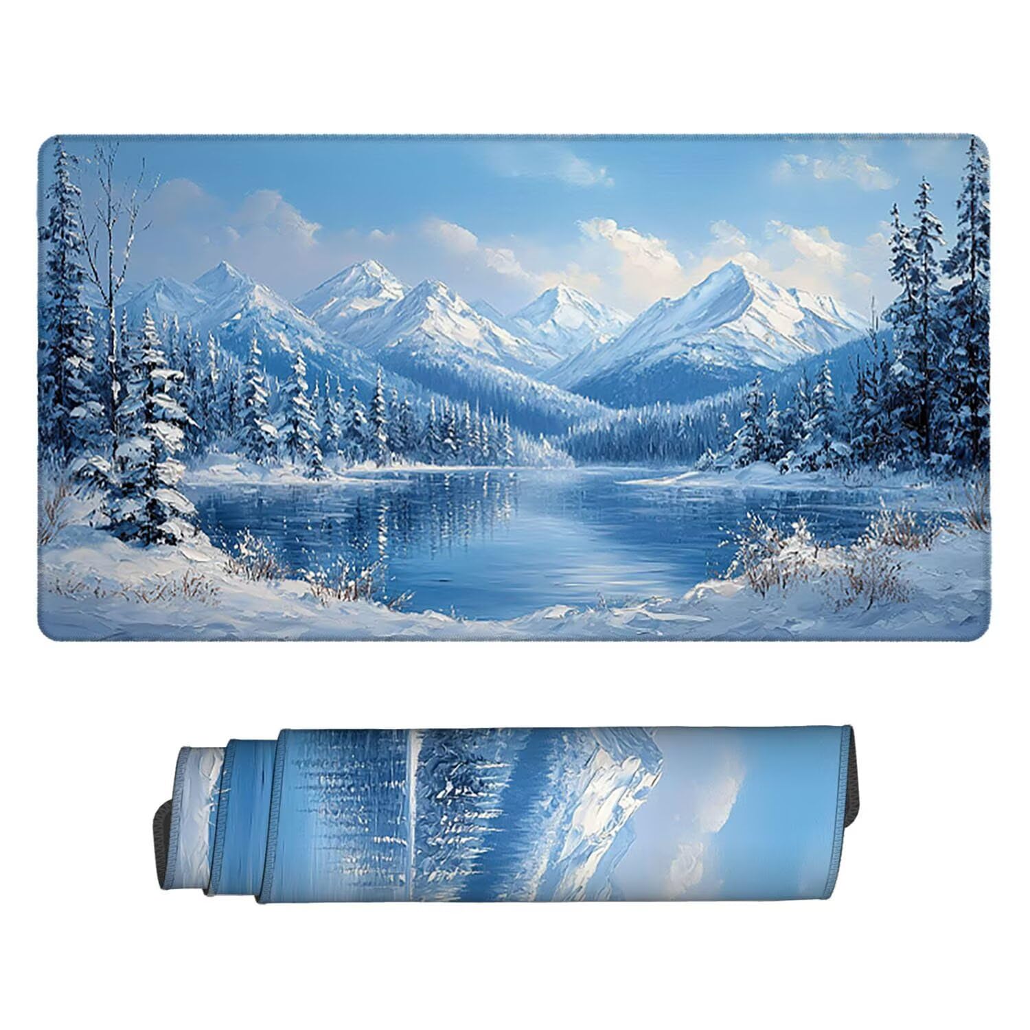 Podkładka pod mysz XXL, 1600 x 800 x 3 mm, gamingowa podkładka pod mysz z przyszytymi krawędziami, wodoodporna, z gładką powierzchnią, krajobraz zimowy, podkładka pod mysz do wszystkich typów myszy