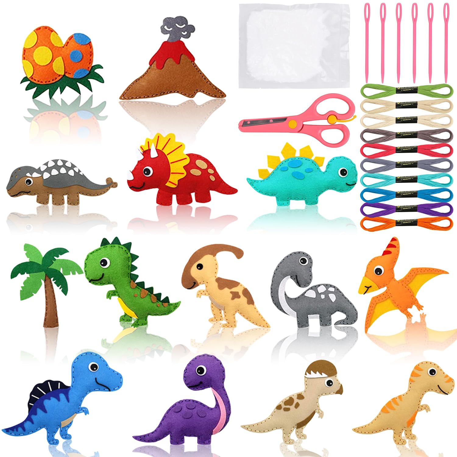 Kit De Couture Dinosaure En Feutre Pour Enfants - 14 Motifs - Aiguilles Plastique, Fil, Ciseaux Inclus - Activité Manuelle éducative Dès 6 Ans