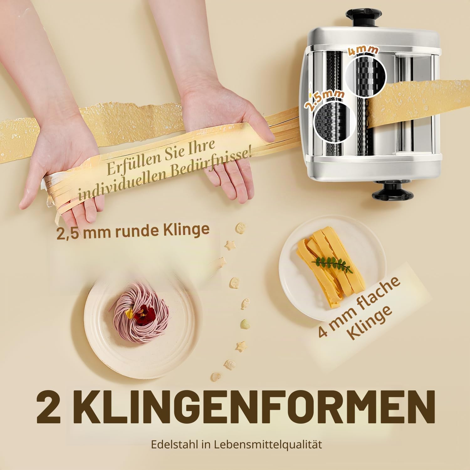 CGOLDENWALL Elektrische Nudelmaschine 135W Edelstahl Pasta Maker 2 Klingen 9 Einstellbare Stärken 0,5-5 mm