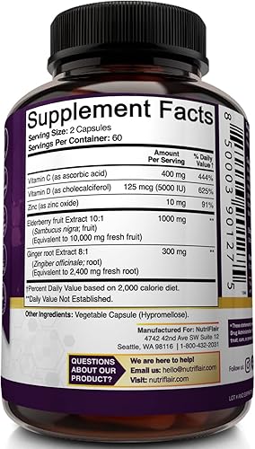 Miniatura 8 de NutriFlair Sambucus Saúco, 120 cápsulas vegetarianas – Apoyo inmunológico 5 en 1 y suplemento antioxidante con vitamina C, vitamina D3 5000 UI,