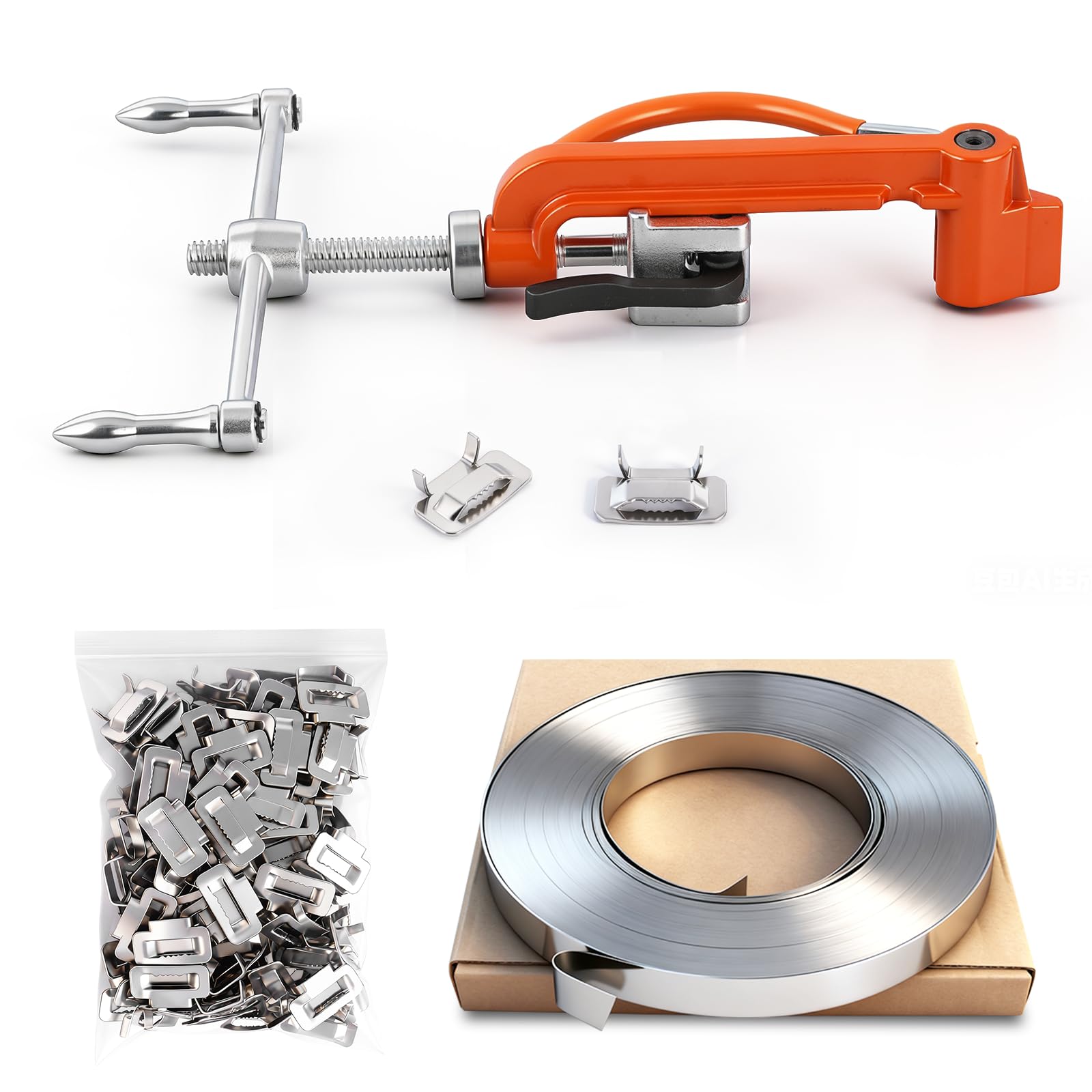 BAOSHISHAN Set di attrezzi per fascette per cavi in acciaio inox, 19 mm x 30 m + 100 clip, tenditore a cricchetto e taglierina per uso industriale