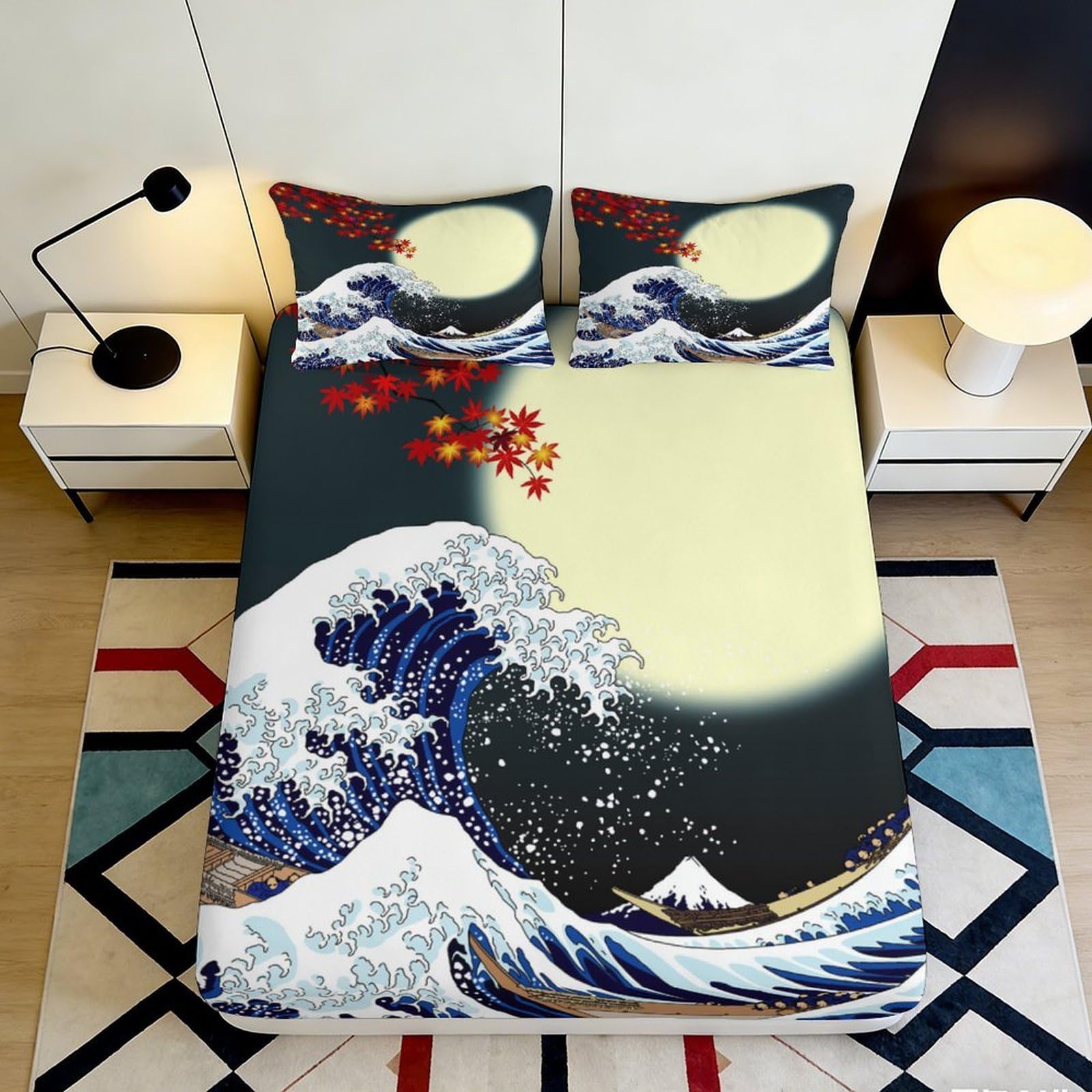 3D Printed Wave and Moon Fitted Sheet Microfiber Artistic Bed Cover for Bedroom Guest Room Mattress Decoration 90x200x25cm